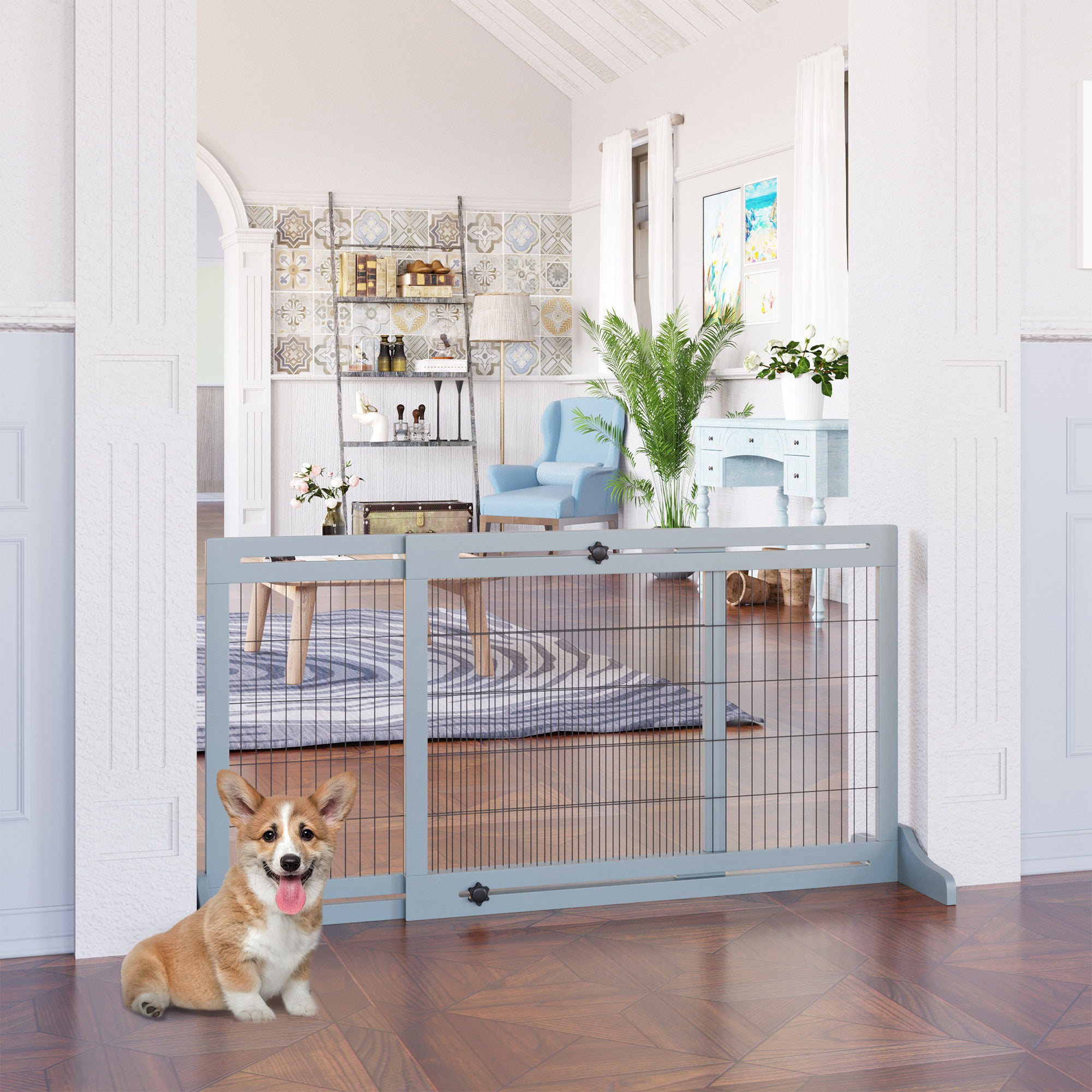 Free Standing Pet Gate, Wooden Foldable Dog Gate with 41"-72" Adjustable Length, Support Feet, Pet Barrier for Small Medium Dogs, for Stairway, Doorway, Hallway, Grey