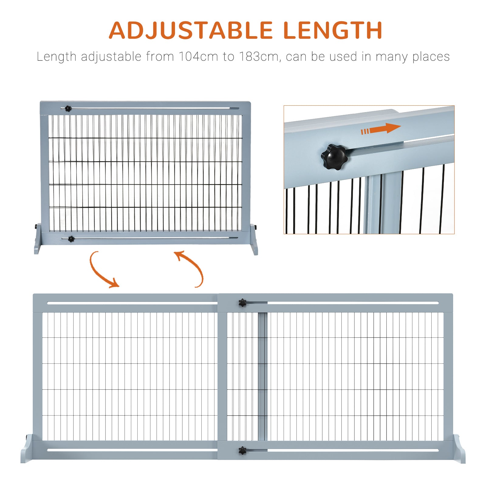 Freestanding Dog Gate, Foldable Pet Fence, Indoor Wood Barrier, Stair Gate with Support Feet, for Doorway, Hallway, Small and Medium Dogs, 69H x 104-183 cm, Blue-grey