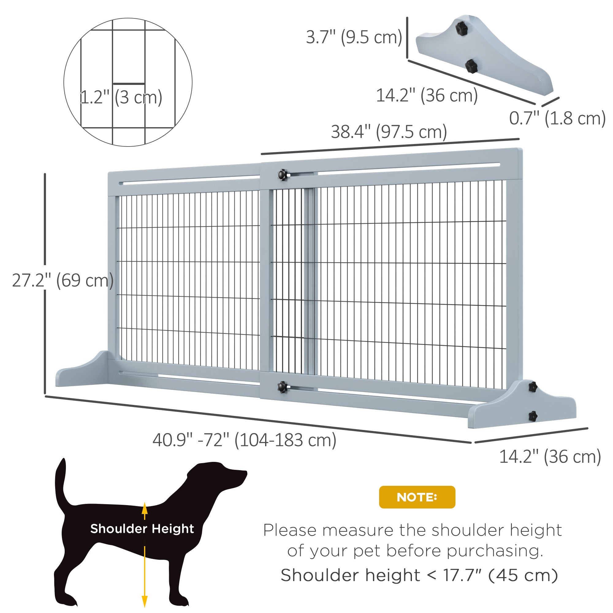 Free Standing Pet Gate, Wooden Foldable Dog Gate with 41"-72" Adjustable Length, Support Feet, Pet Barrier for Small Medium Dogs, for Stairway, Doorway, Hallway, Grey