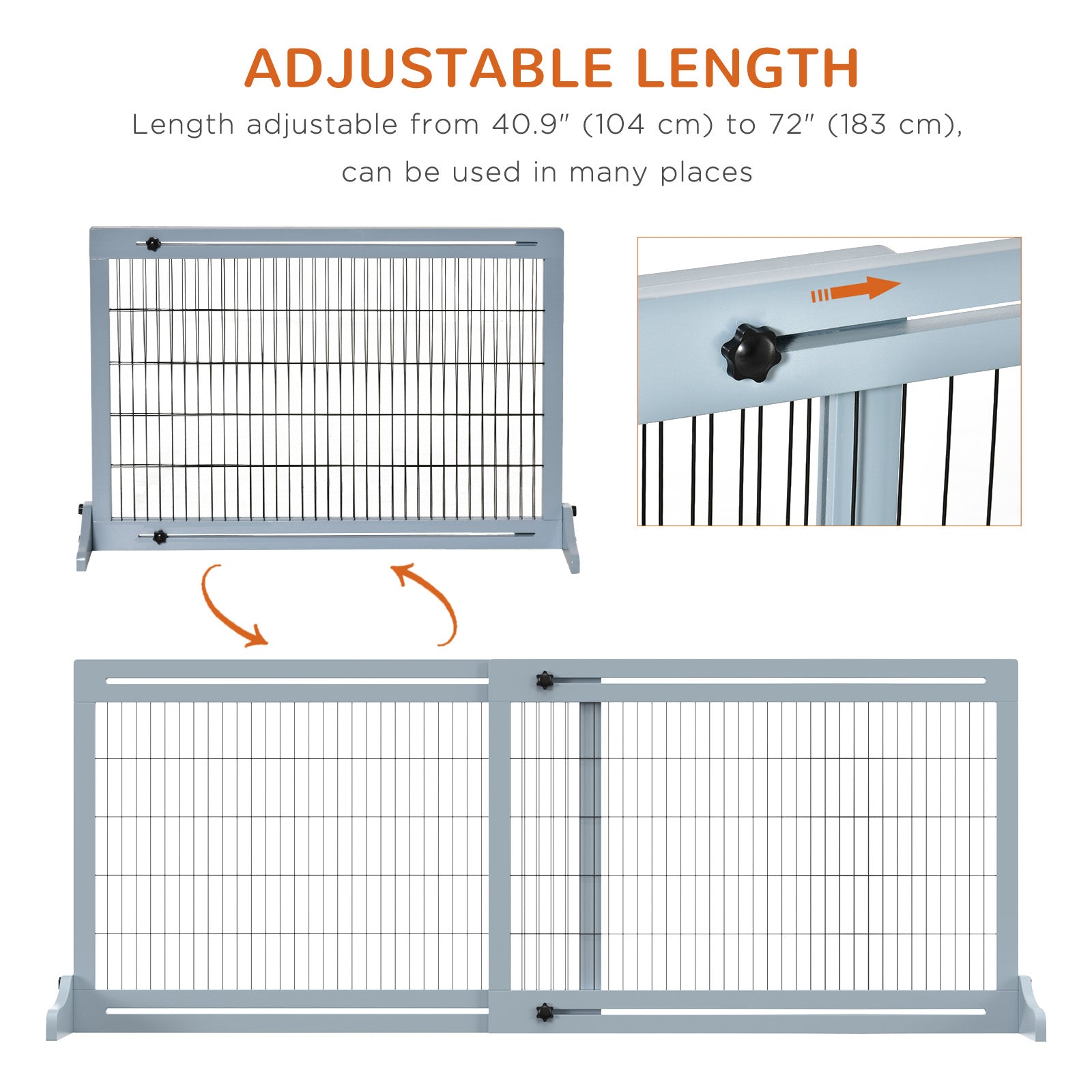 Free Standing Pet Gate, Wooden Foldable Dog Gate with 41"-72" Adjustable Length, Support Feet, Pet Barrier for Small Medium Dogs, for Stairway, Doorway, Hallway, Grey