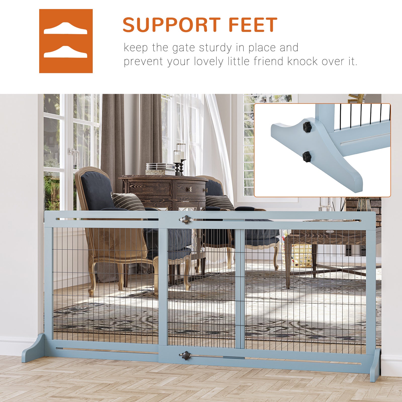 Free Standing Pet Gate, Wooden Foldable Dog Gate with 41"-72" Adjustable Length, Support Feet, Pet Barrier for Small Medium Dogs, for Stairway, Doorway, Hallway, Grey