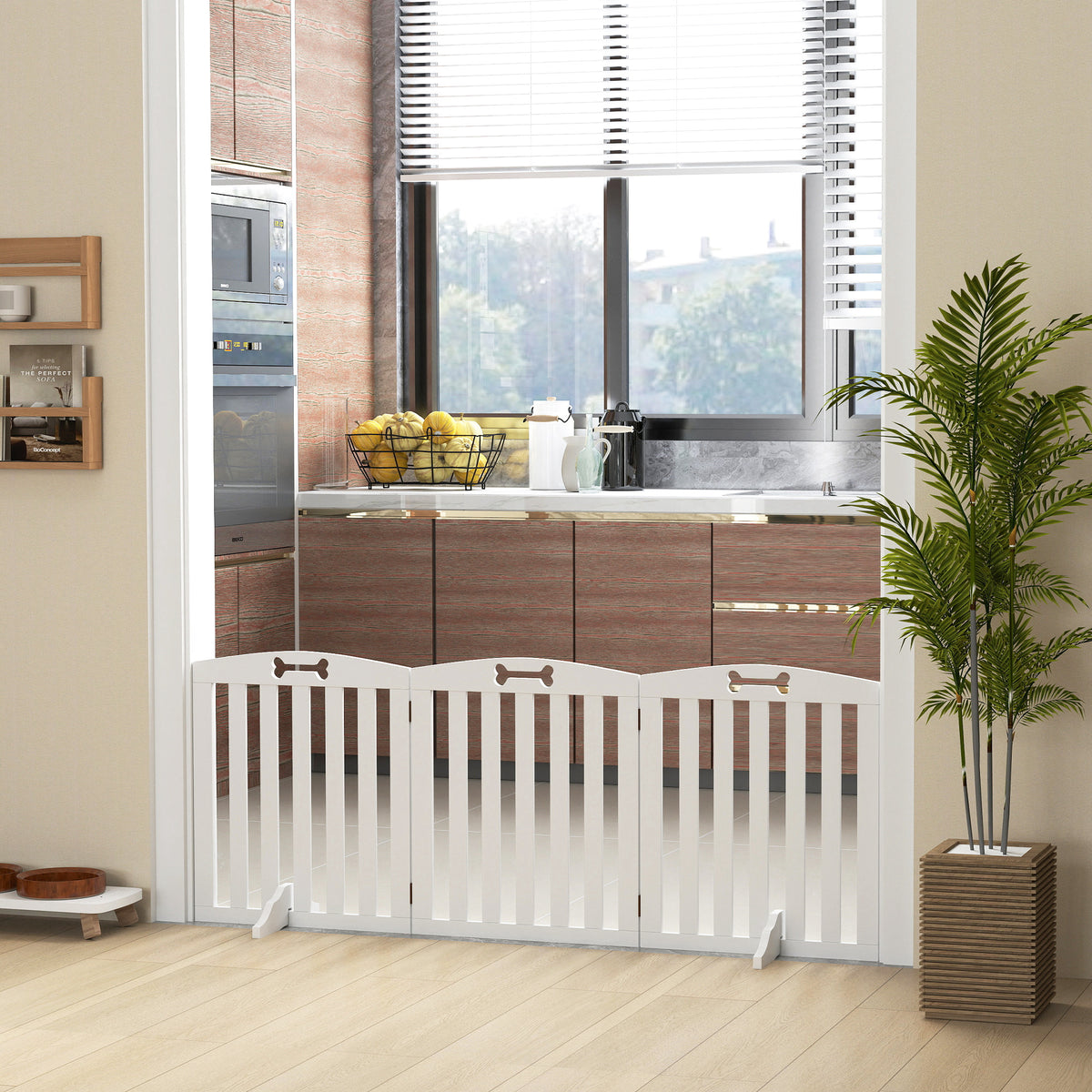 Wooden Dog Gate, Freestanding Pet Gate with Support Feet for Doorways, Hallways, Stairs, 3-Panel Pet Fence for Small Medium Dogs, 155L x 61H cm, White