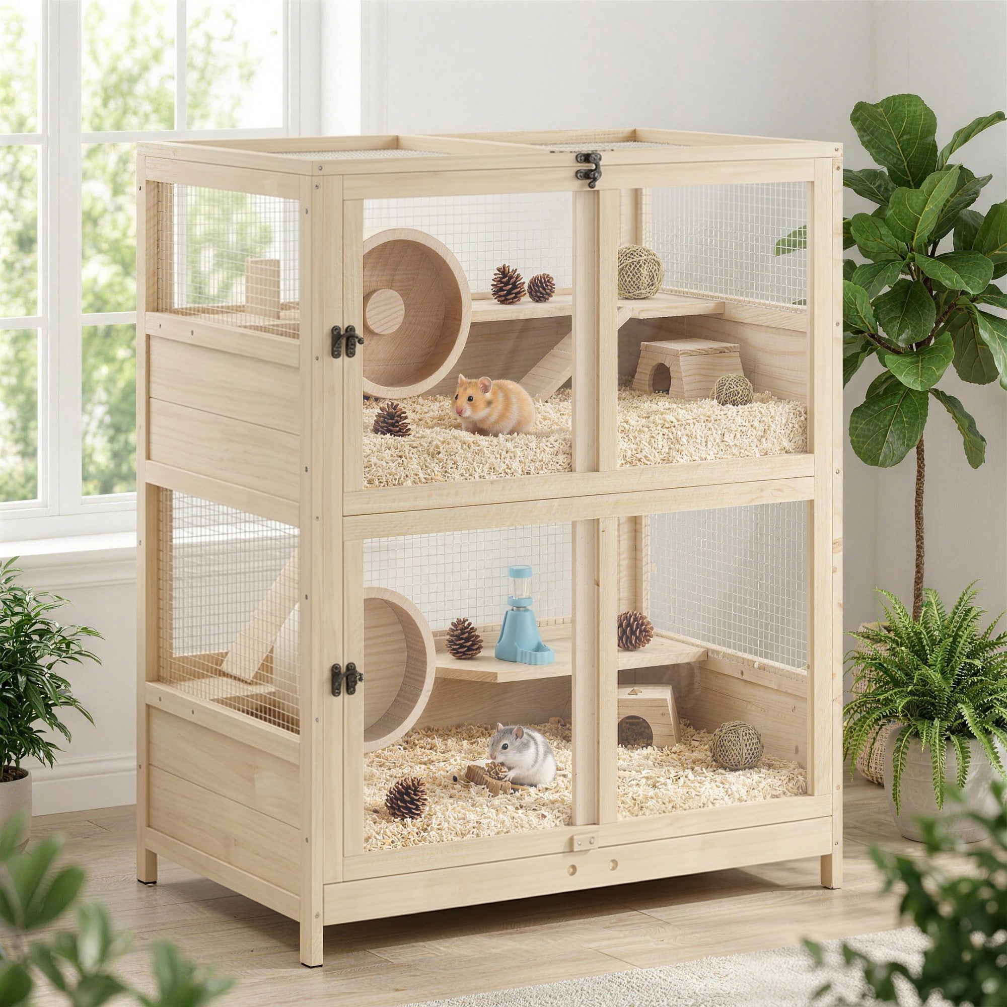Wooden Hamster Cage, 4 Tier Small Animal Cage with Mesh Flip Roof, Pull-Out Tray, Huts, Seesaws, Ramps and Water Bottles, Hamster Habitat for Dwarf Syrian Mice Gerbil, 33" x 21" x 36"