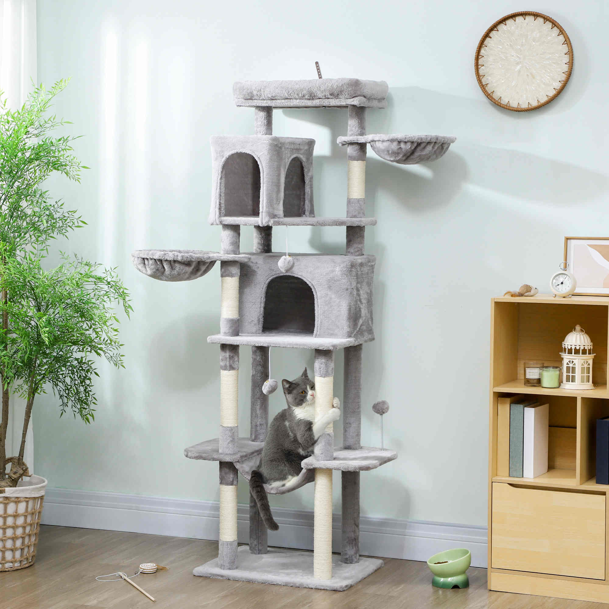 Cat Tree, 69" Cat Tower for Indoor Kittens, Multi-Level Tower with 2 Condos, Scratching Posts, 2 Hammocks, Perches, Pompoms for Multiple Kitties, Light Grey