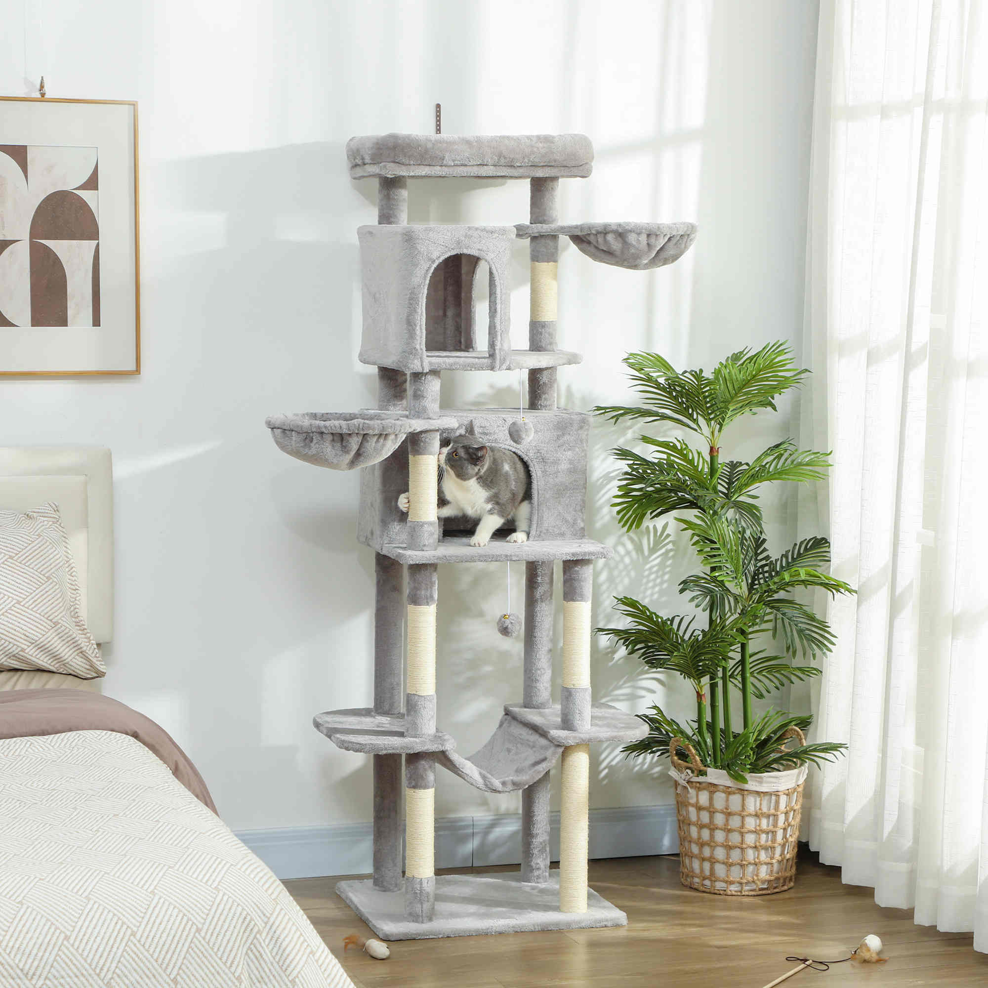 Cat Tree, 69" Cat Tower for Indoor Kittens, Multi-Level Tower with 2 Condos, Scratching Posts, 2 Hammocks, Perches, Pompoms for Multiple Kitties, Light Grey
