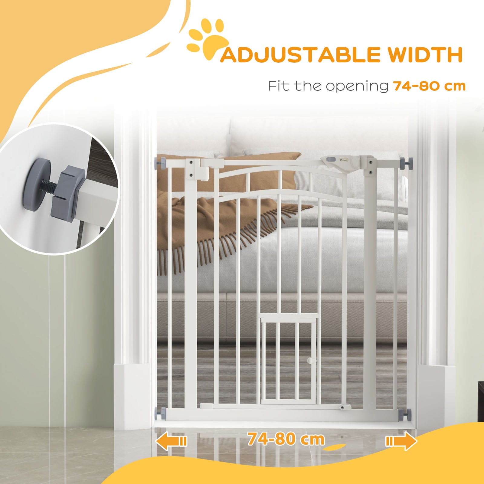 Stair Gate Dog Gate Pet Barrier Pressure Fit Safety Gate with Small Cat Door, Auto Closing System, Double Locking, Hallways, 74-80cm Openings - White