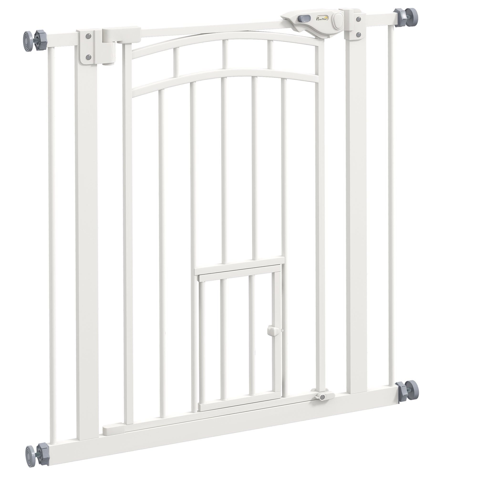 Stair Gate Dog Gate Pet Barrier Pressure Fit Safety Gate with Small Cat Door, Auto Closing System, Double Locking, Hallways, 74-80cm Openings - White