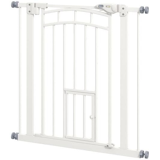 Stair Gate Dog Gate Pet Barrier Pressure Fit Safety Gate with Small Cat Door, Auto Closing System, Double Locking, Hallways, 74-80cm Openings - White
