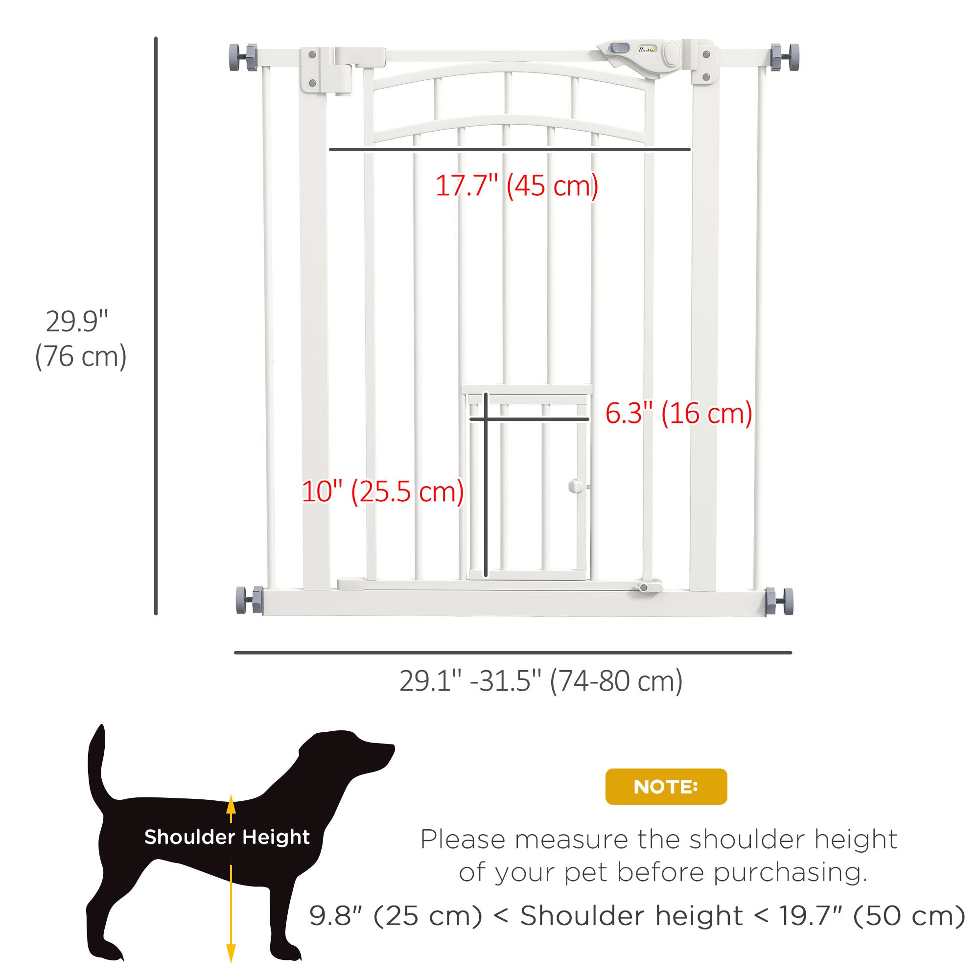 30"H Tall Dog Gate, Pet Gate with Cat Door, Auto-Close Pressure-Mounted Steel Safety Gate Barrier, Double Locking for Doorways Hallways Stairs, Fits 29"-31.5"W, White
