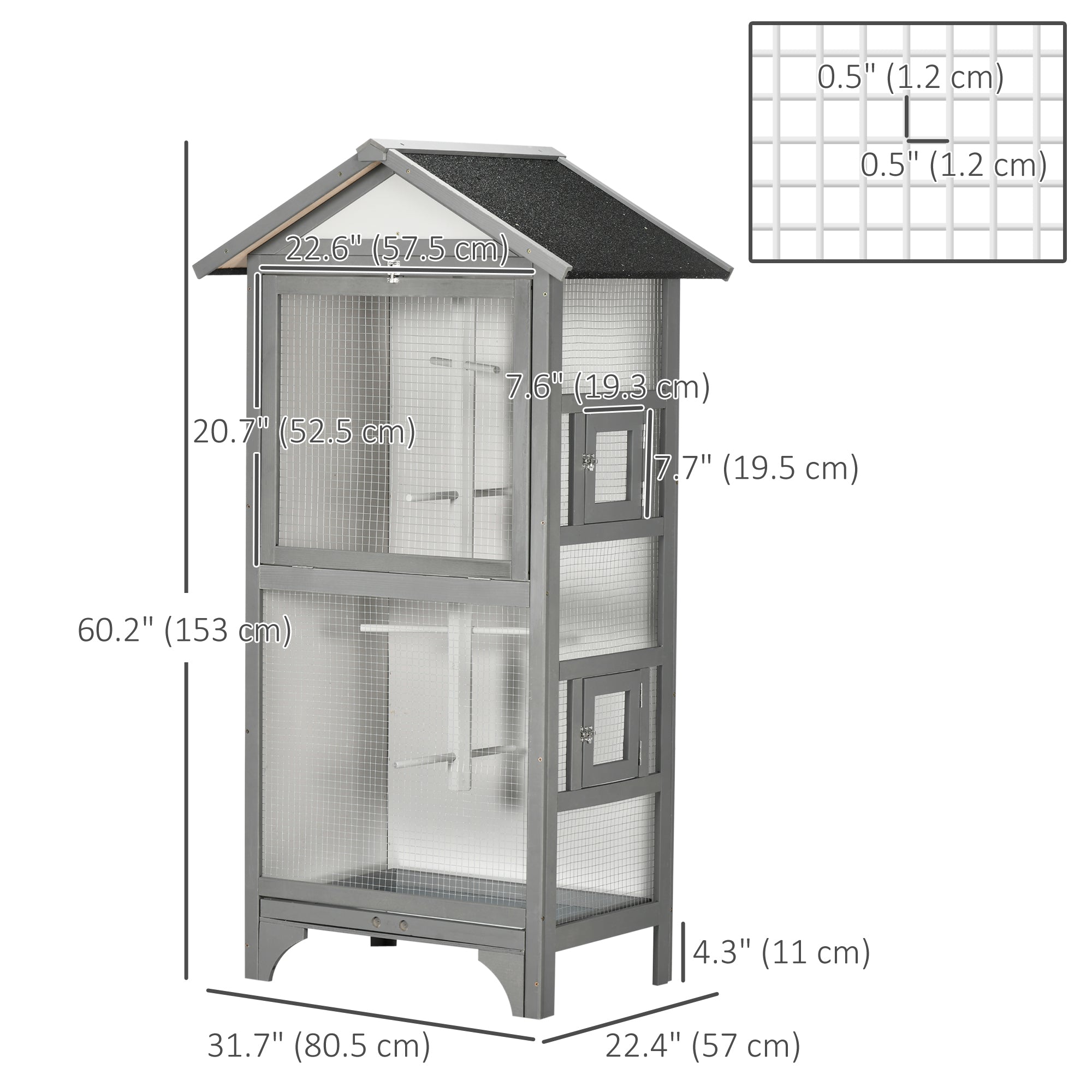 Wooden Bird Aviary Parrot Cage Pet Furniture Large Outdoor Play House with Removable Bottom Tray, 2 Doors, Asphalt Roof, 4 Perches, Light Grey