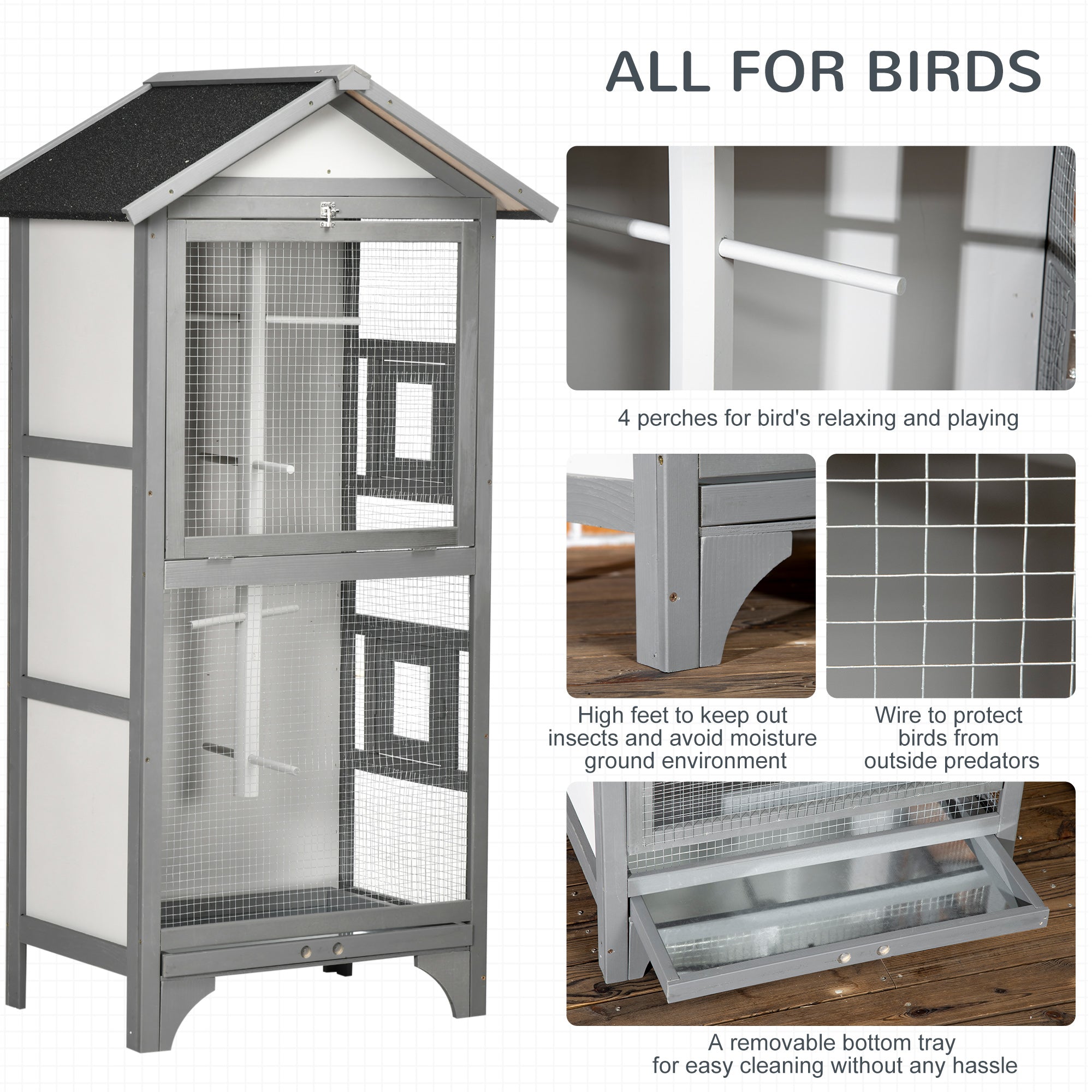 Wooden Bird Aviary Parrot Cage Pet Furniture Large Outdoor Play House with Removable Bottom Tray, 2 Doors, Asphalt Roof, 4 Perches, Light Grey