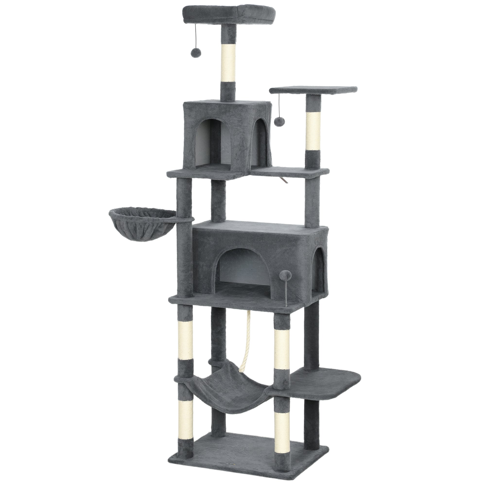 Cat Tree, 202cm Large Cat Tower for Indoor Kittens with 6 Scratching Posts, 2 Condos, 2 Perches, 2 Hammocks, Pompoms, Multi-Level Plush Kitty Activity Centre for Rest and Play, Dark Grey