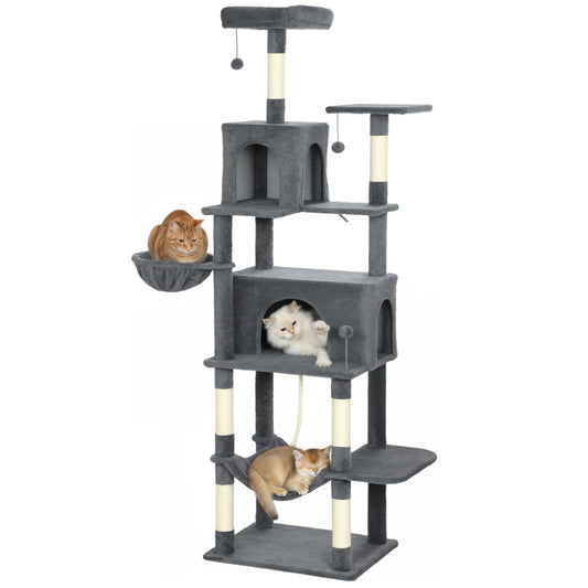 Cat Tree, 202cm Large Cat Tower for Indoor Kittens with 6 Scratching Posts, 2 Condos, 2 Perches, 2 Hammocks, Pompoms, Multi-Level Plush Kitty Activity Centre for Rest and Play, Dark Grey