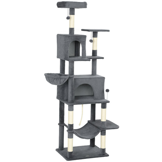 Cat Tree, 202cm Large Cat Tower for Indoor Kittens with 6 Scratching Posts, 2 Condos, 2 Perches, 2 Hammocks, Pompoms, Multi-Level Plush Kitty Activity Centre for Rest and Play, Dark Grey