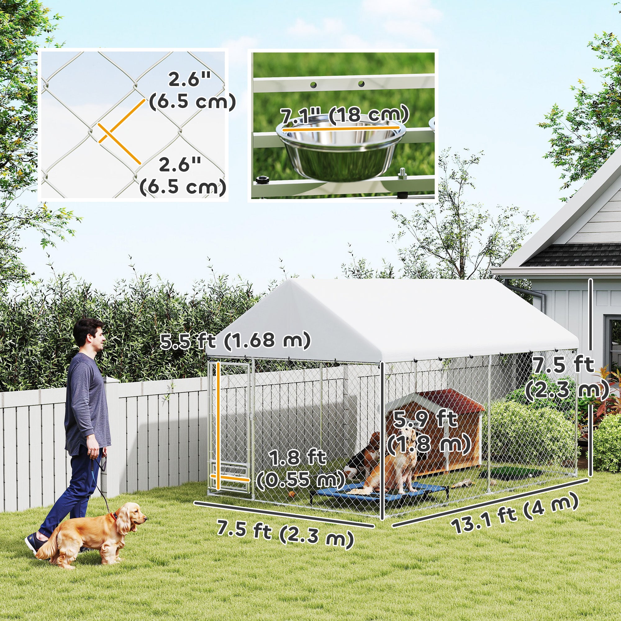 Outdoor Dog Kennel with Roof, Heavy Duty Dog Run Outdoor Fence Cage with Adjustable & Rotating Bowls, Waterproof UV-Resistant Cover, Secure Lock, 13.1' x 7.5' x 7.5'