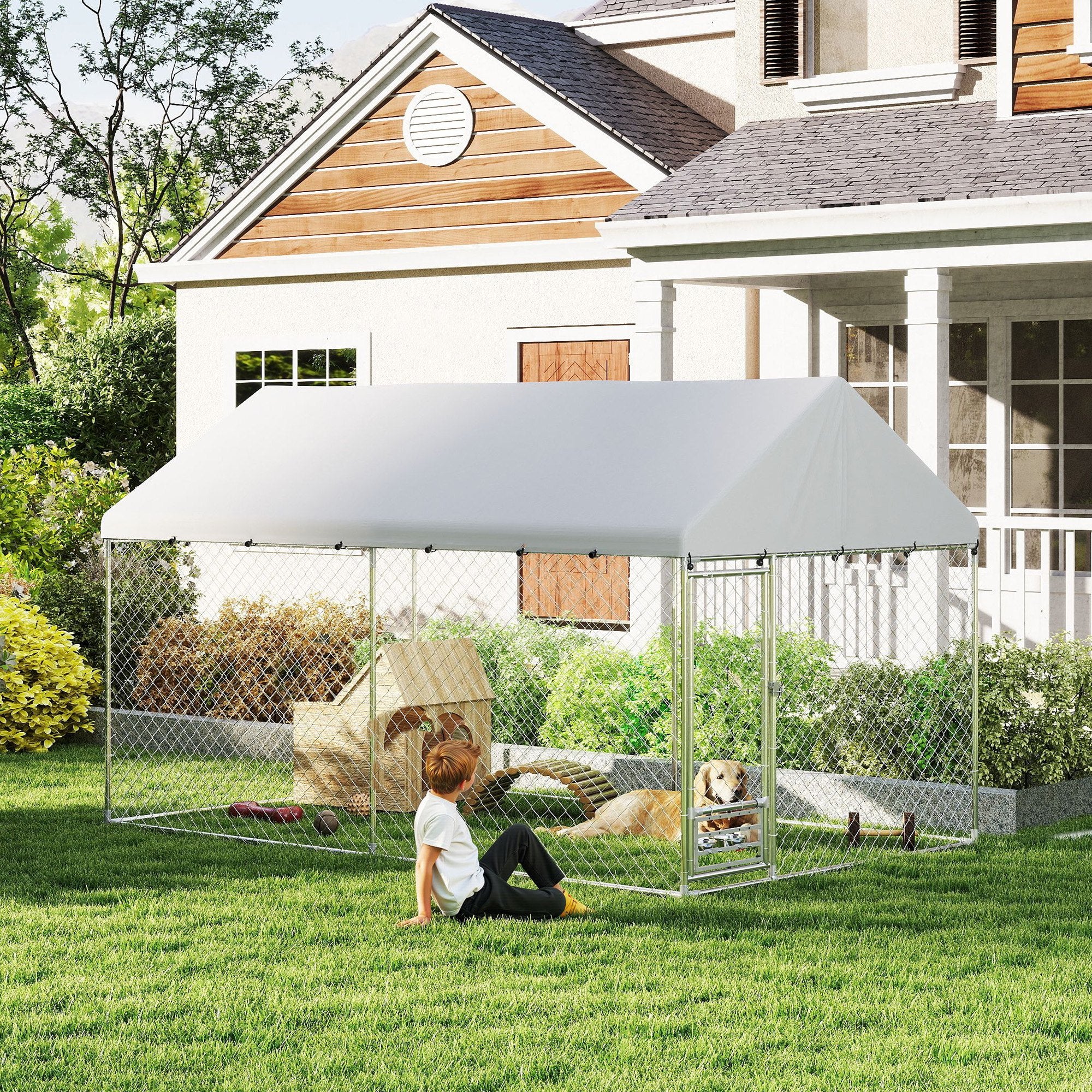 Outdoor Dog Kennel with Roof, Heavy Duty Dog Run Outdoor Fence Cage with Adjustable & Rotating Bowls, Waterproof UV-Resistant Cover, Secure Lock, 13.1' x 7.5' x 7.5'