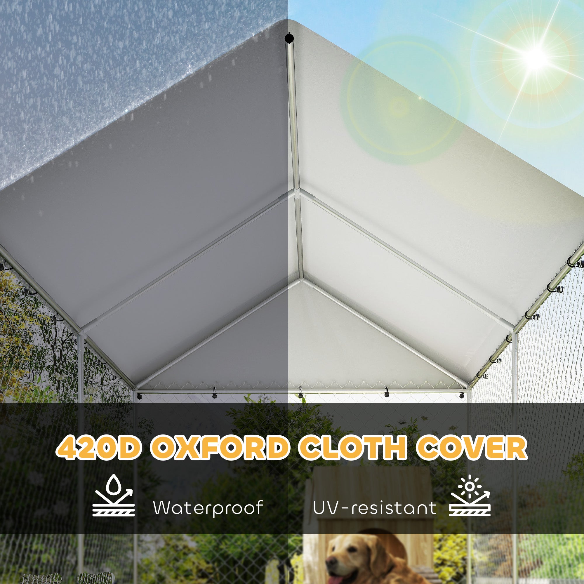 Outdoor Dog Kennel with Roof, Heavy Duty Dog Run Outdoor Fence Cage with Adjustable & Rotating Bowls, Waterproof UV-Resistant Cover, Secure Lock, 13.1' x 7.5' x 7.5'