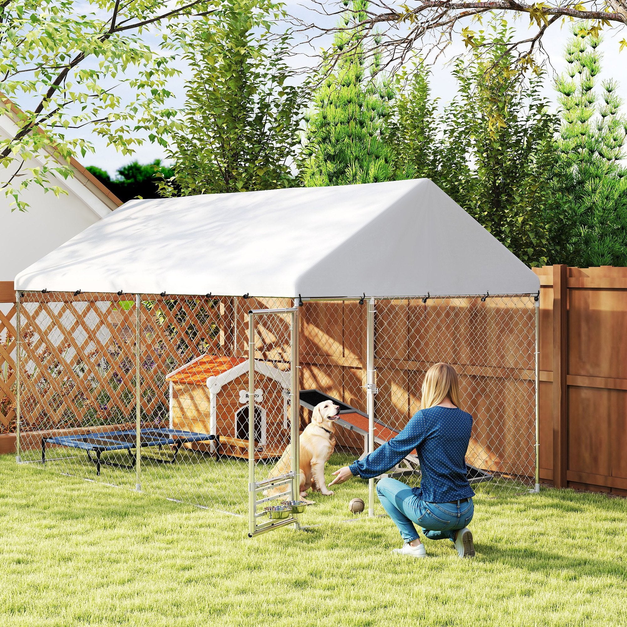 Outdoor Dog Kennel with Roof, Heavy Duty Dog Run Outdoor Fence Cage with Adjustable & Rotating Bowls, Waterproof UV-Resistant Cover, Secure Lock, 13.1' x 7.5' x 7.5'