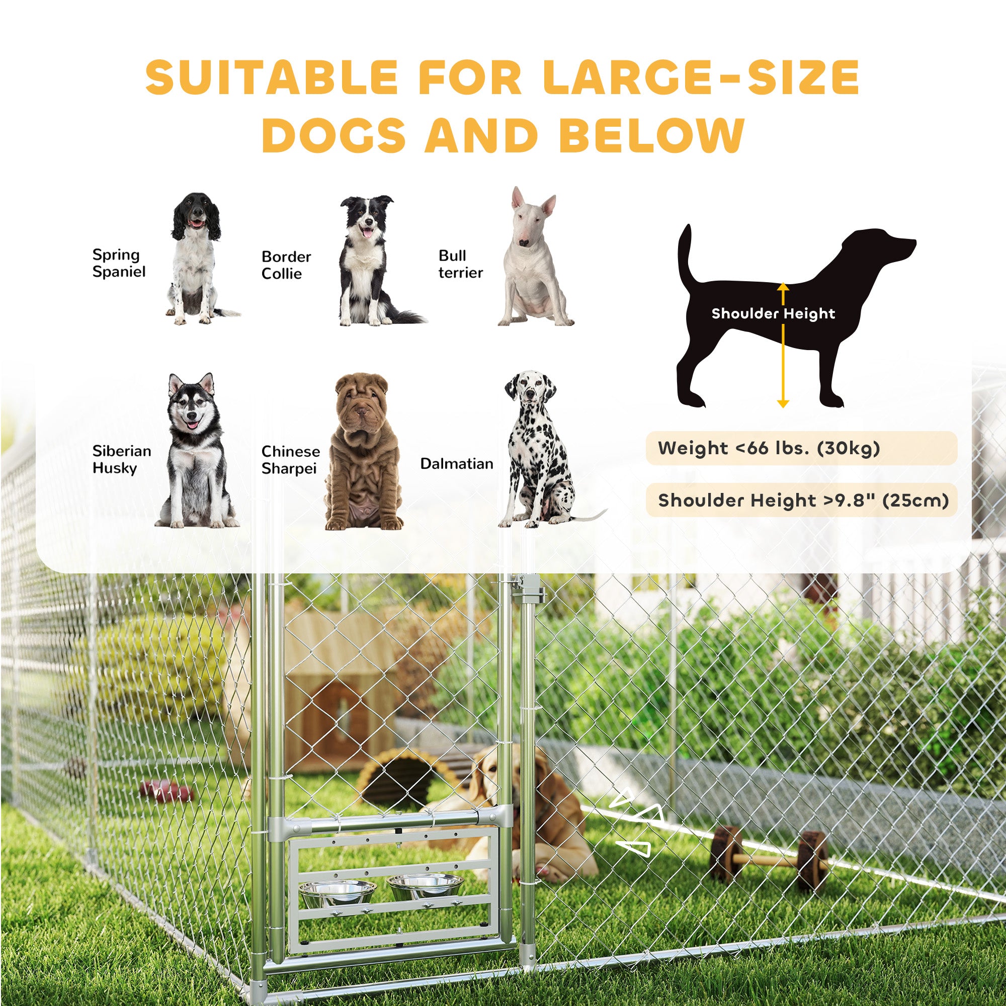 Outdoor Dog Kennel with Roof, Heavy Duty Dog Run Outdoor Fence Cage with Adjustable & Rotating Bowls, Waterproof UV-Resistant Cover, Secure Lock, 13.1' x 7.5' x 7.5'
