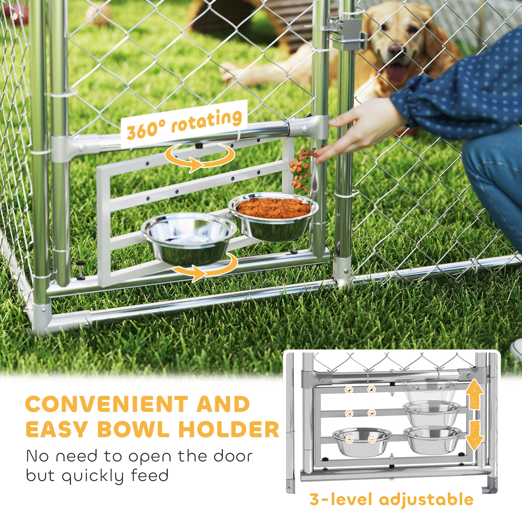 Outdoor Dog Kennel with Roof, Heavy Duty Dog Run Outdoor Fence Cage with Adjustable & Rotating Bowls, Waterproof UV-Resistant Cover, Secure Lock, 13.1' x 7.5' x 7.5'