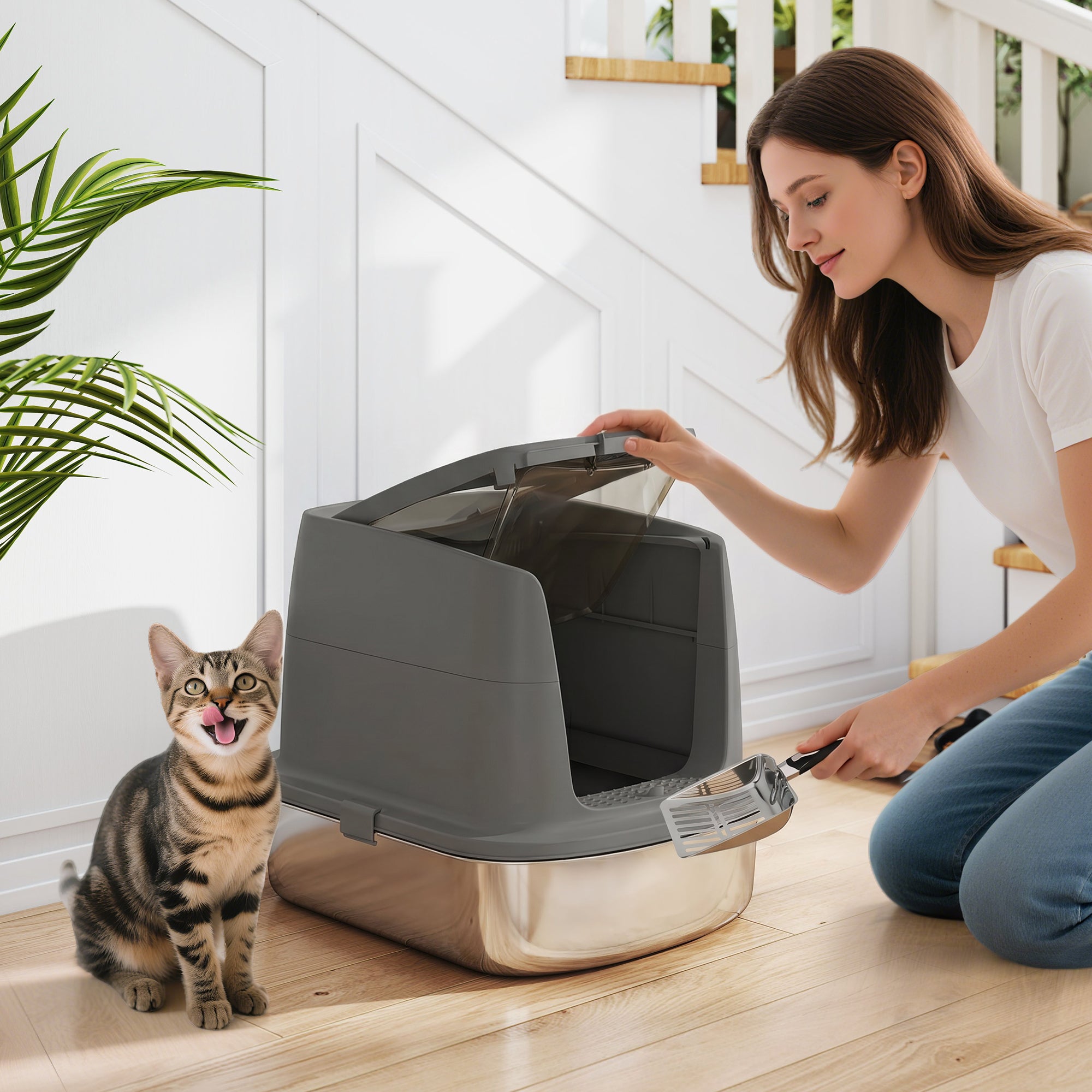 Stainless Steel Litter Box with Lid, Large Hooded Cat Litter Tray with Flip Cover, Metal Scoop, Deodoriser Bag, Non-Sticky, Odour Control and Easy Clean, Dark Grey