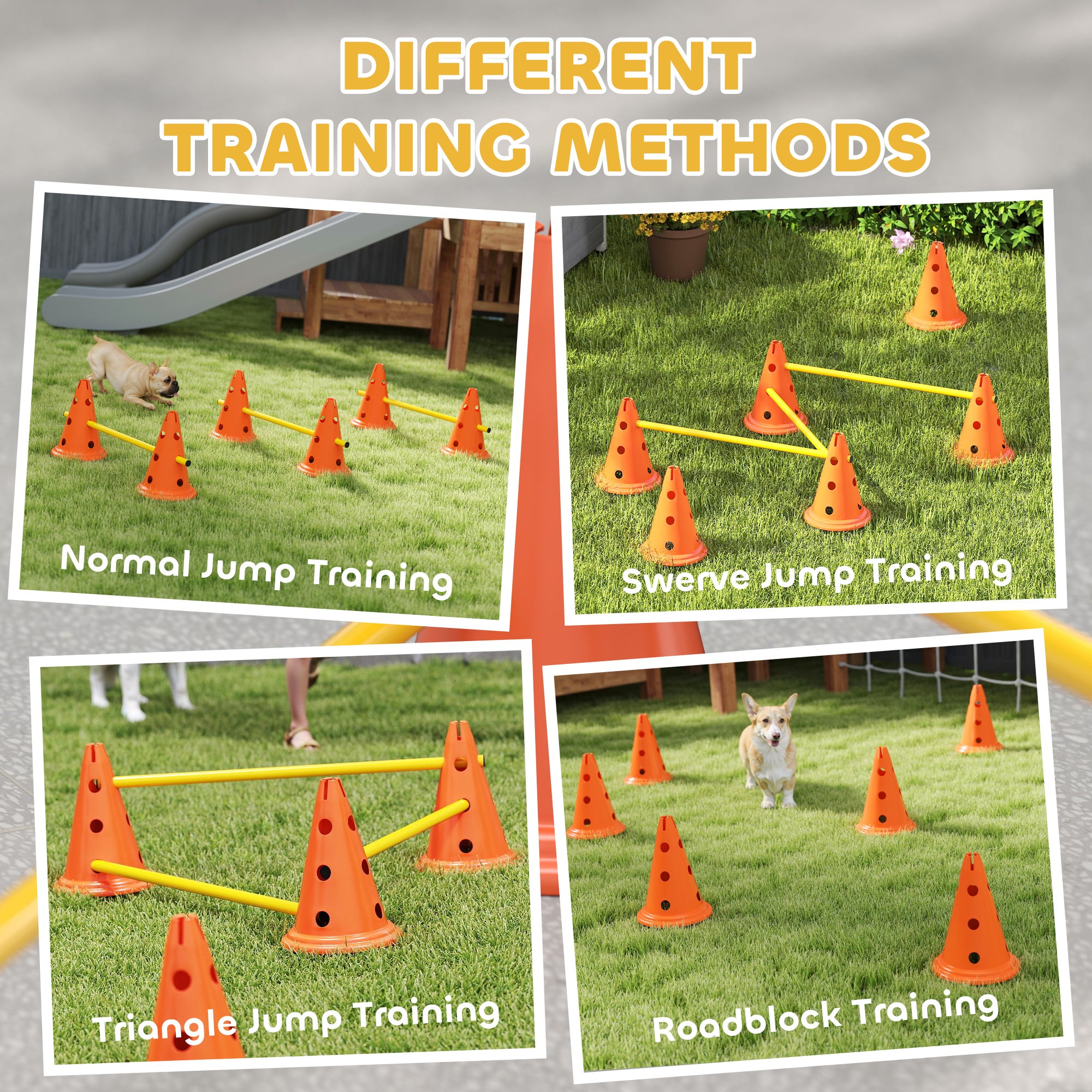 Dog Agility Set, Portable Pet Jump Training Equipment Kit for Six Cones, Six Poles with Carry Bag, Three-Piece Adjustable Height Jumping Obstacles, Orange