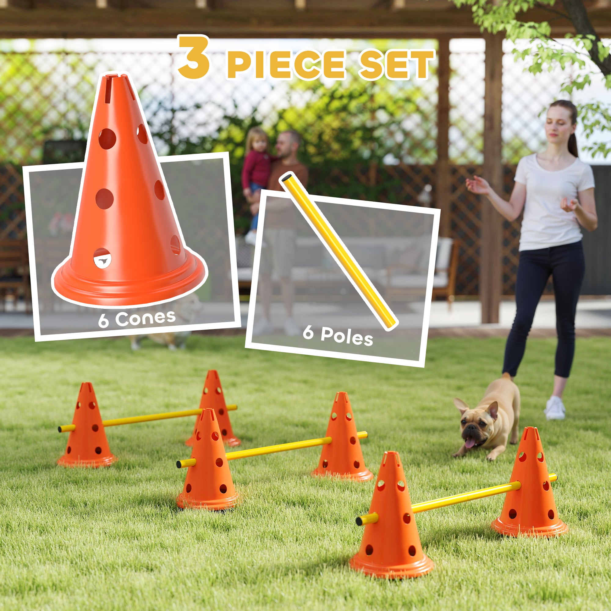 Dog Agility Set, Portable Pet Jump Training Equipment Kit for Six Cones, Six Poles with Carry Bag, Three-Piece Adjustable Height Jumping Obstacles, Orange