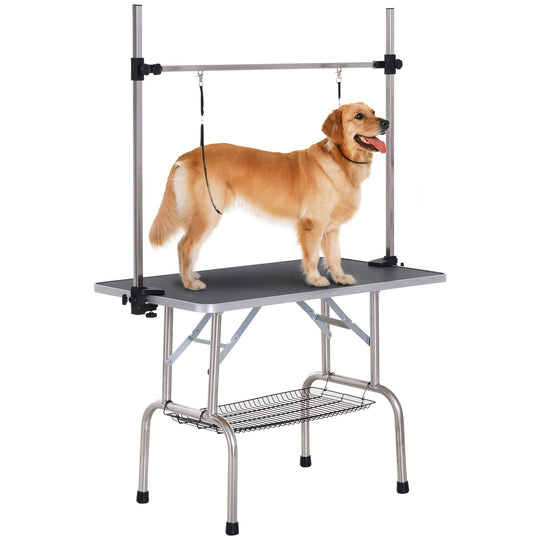 42" Foldable Dog Grooming Table Adjustable Pet Cat Drying Beauty Table Rubber Top with 2 Loops Storage Basket Metal Black