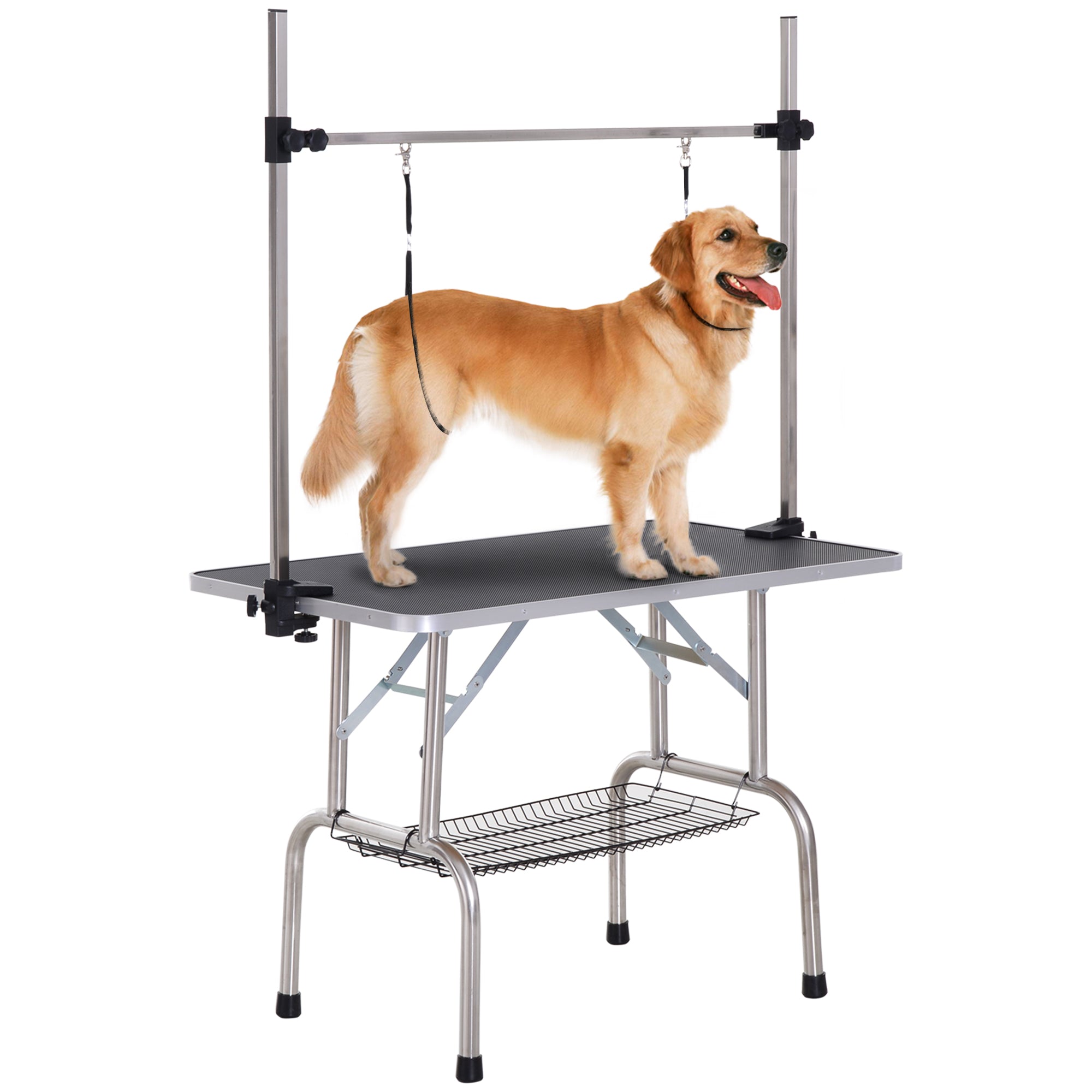 43"L Dog Grooming Table, Pet Foldable Grooming Table with 8"- 32" Adjustable Arm, Two Nooses, Mesh Tray and Rubber Top for Large Medium Small Pets, Black