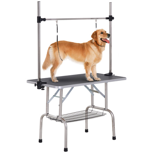 43"L Dog Grooming Table, Pet Foldable Grooming Table with 8"- 32" Adjustable Arm, Two Nooses, Mesh Tray and Rubber Top for Large Medium Small Pets, Black