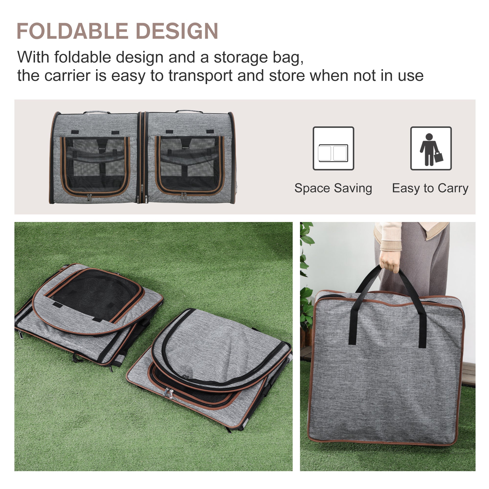 39" Travel Pet Carrier, Portable Soft-Sided Cat Carrier with Divider, Two Compartments, Soft Cushions & Storage Bag, Grey