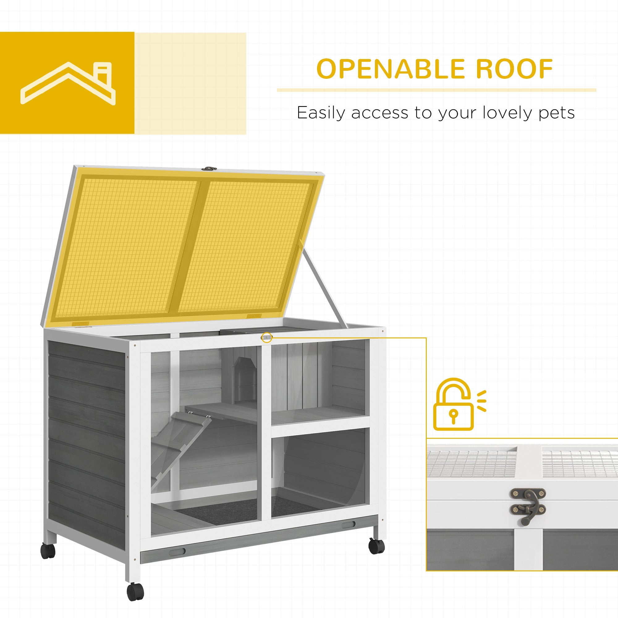 Rabbit Hutch Indoor Wooden Guinea Pig House Hamster Cage with Wheels, 2 Layers Bunny Cage with Openable Roof, 91.5 x 53.3 x 73 cm, Grey