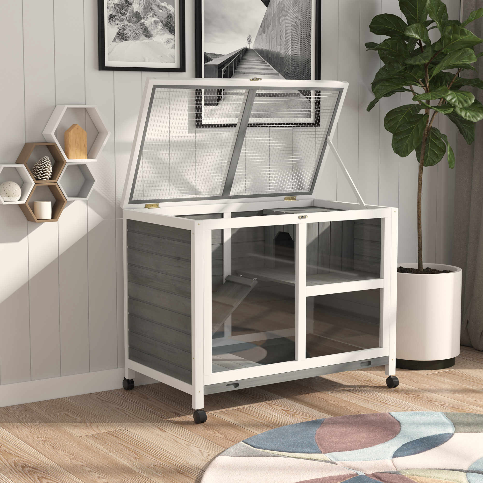 Rabbit Hutch Indoor Wooden Guinea Pig House Hamster Cage with Wheels, 2 Layers Bunny Cage with Openable Roof, 91.5 x 53.3 x 73 cm, Grey