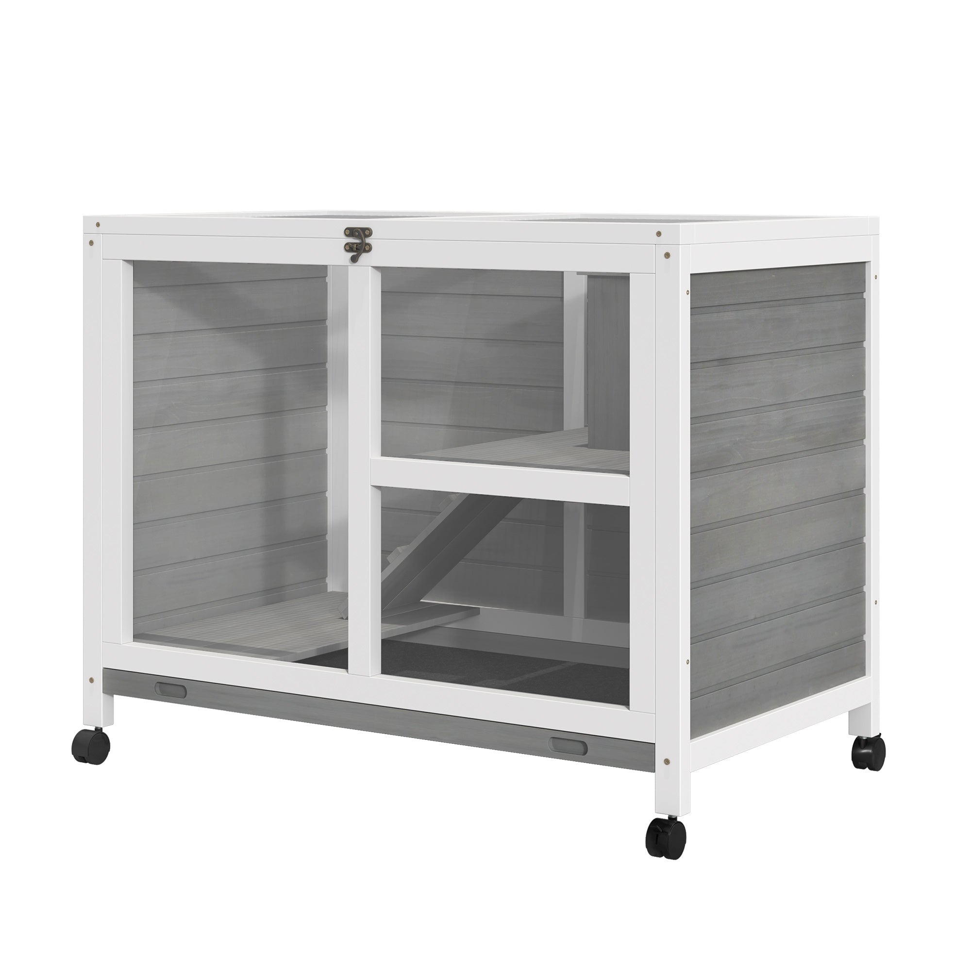 Rabbit Hutch Indoor Wooden Guinea Pig House Hamster Cage with Wheels, 2 Layers Bunny Cage with Openable Roof, 91.5 x 53.3 x 73 cm, Grey