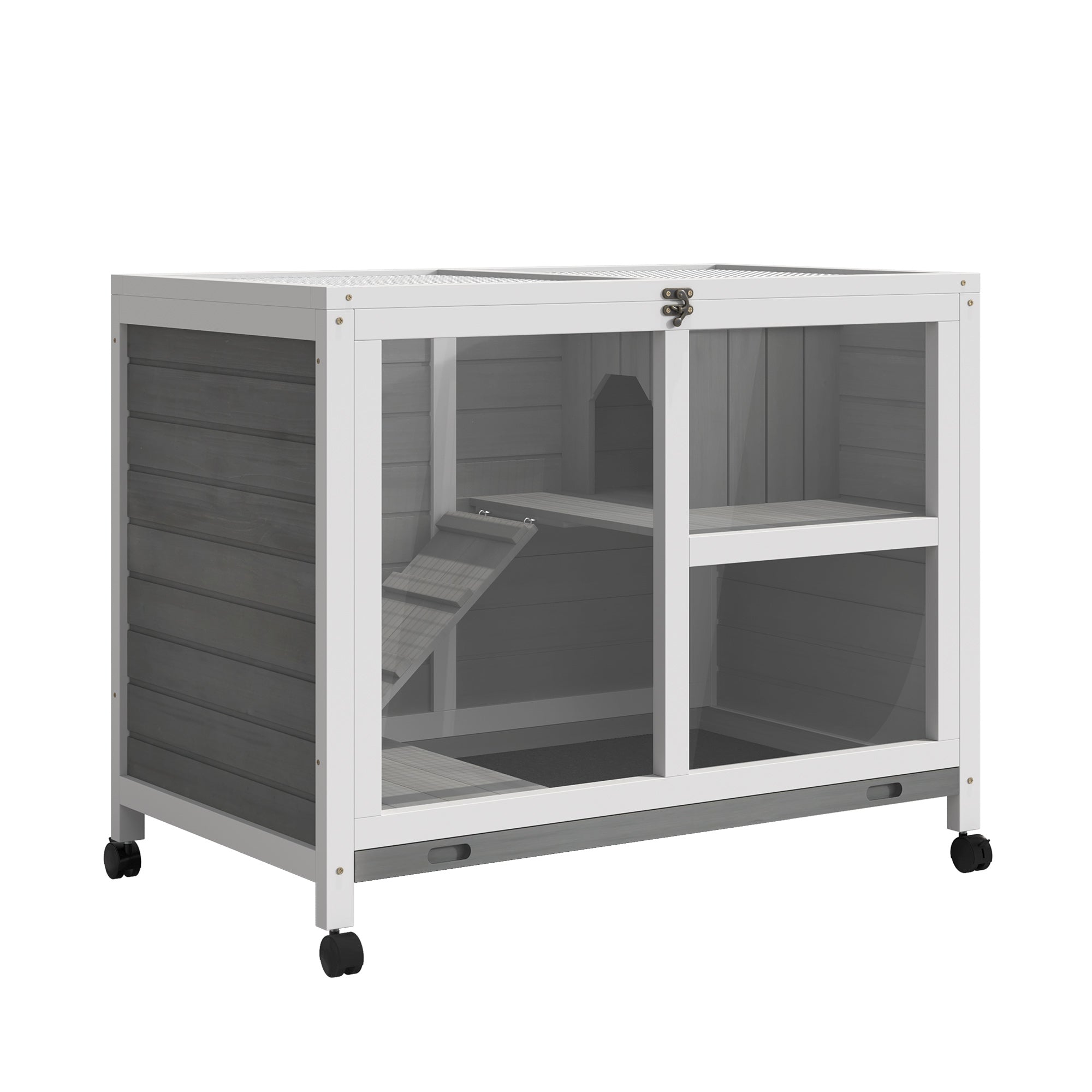Rabbit Hutch Indoor Wooden Guinea Pig House Hamster Cage with Wheels, 2 Layers Bunny Cage with Openable Roof, 91.5 x 53.3 x 73 cm, Grey