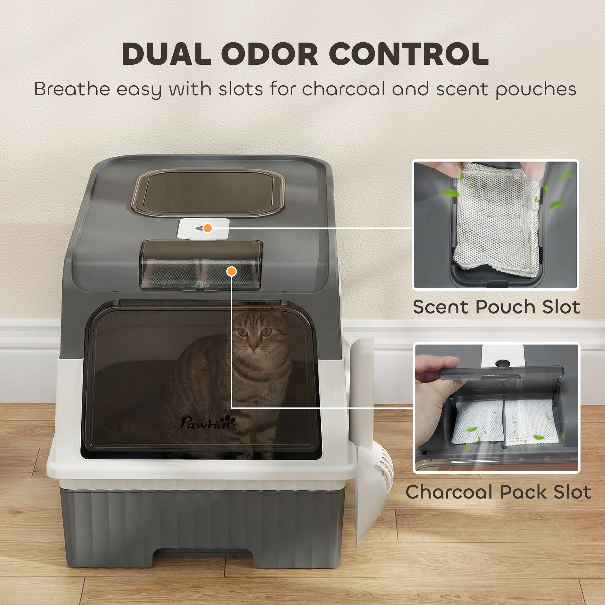 Cat litter Box with Lid, Enclosed Cat Litter Box with Pull-Out Drawer Tray, Scoop, 4 Deodorisation Bags, Front Entry & Top Exit, Privacy, Odour Control and Easy to Clean, Grey
