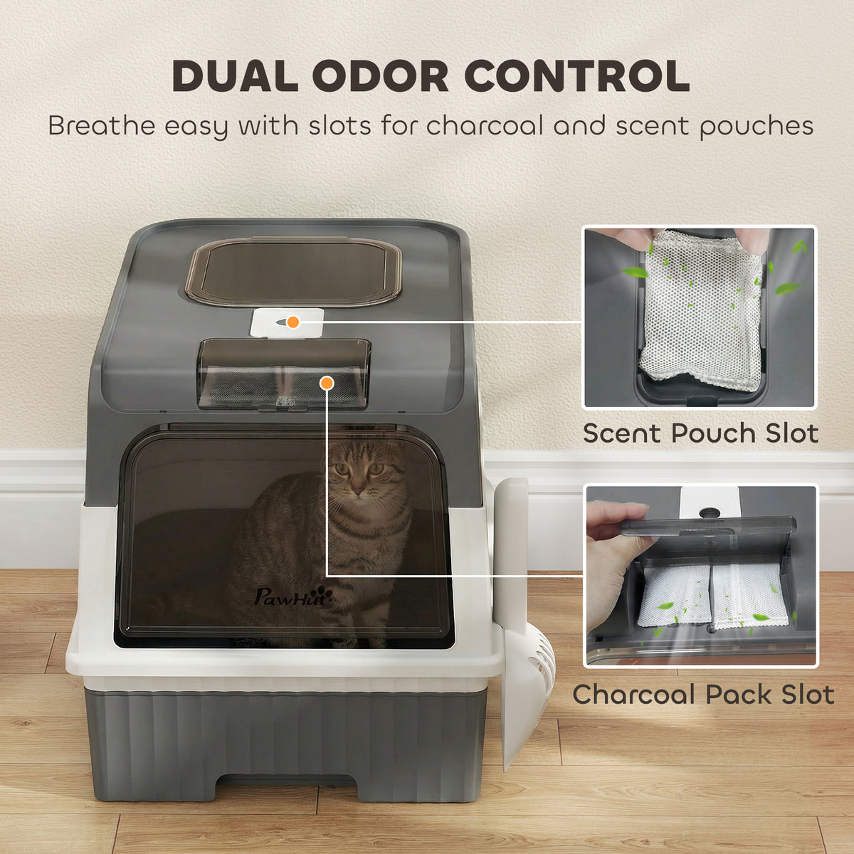 Cat Litter Box with Lid, Enclosed Kitty Litter Box with Pull-Out Drawer Tray, Scoop, 4 Deodorization Bags, Front Entry & Top Exit, Easy to Clean for Cats under 4 kg, Grey