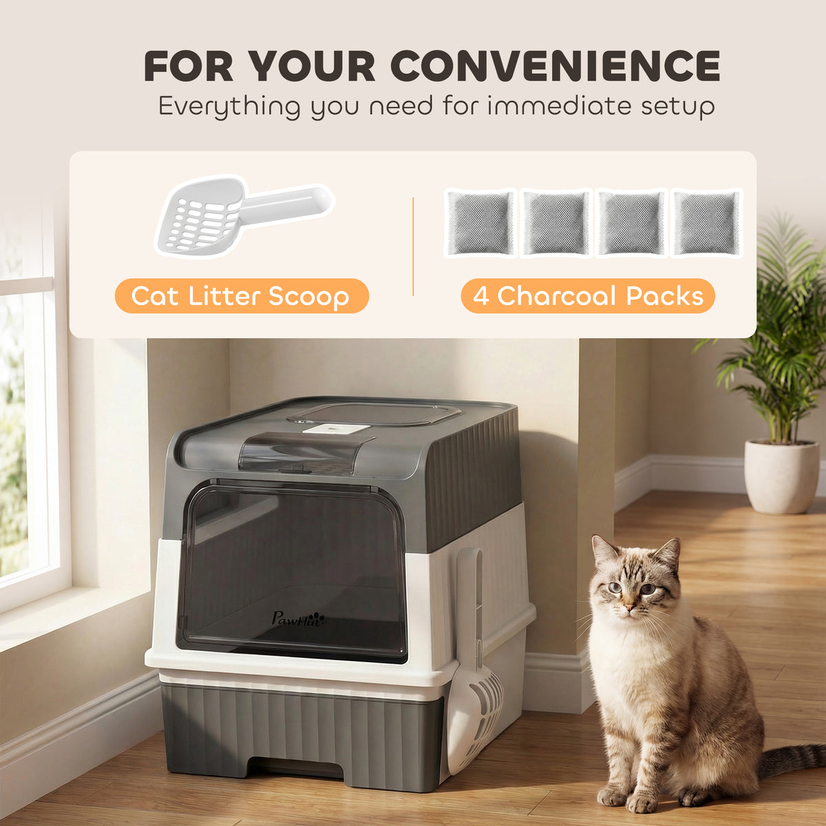 Cat litter Box with Lid, Enclosed Cat Litter Box with Pull-Out Drawer Tray, Scoop, 4 Deodorisation Bags, Front Entry & Top Exit, Privacy, Odour Control and Easy to Clean, Grey