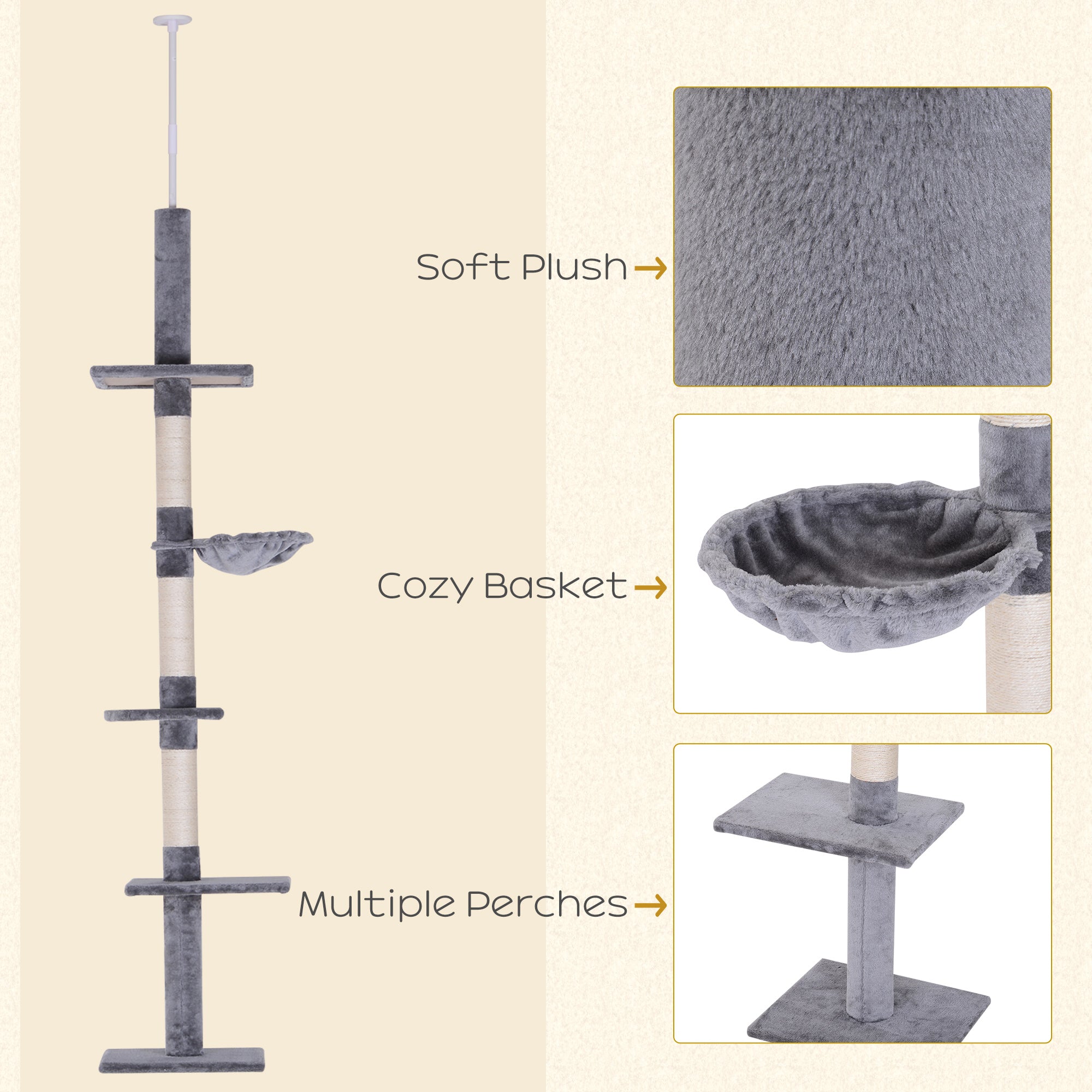 8.5ft Cat Climbing Tree 5-Tier Kitty Activity Center Floor-to-Ceiling Cat Climber Toy with Scratching Post Play Rest Post Pet Furniture Grey