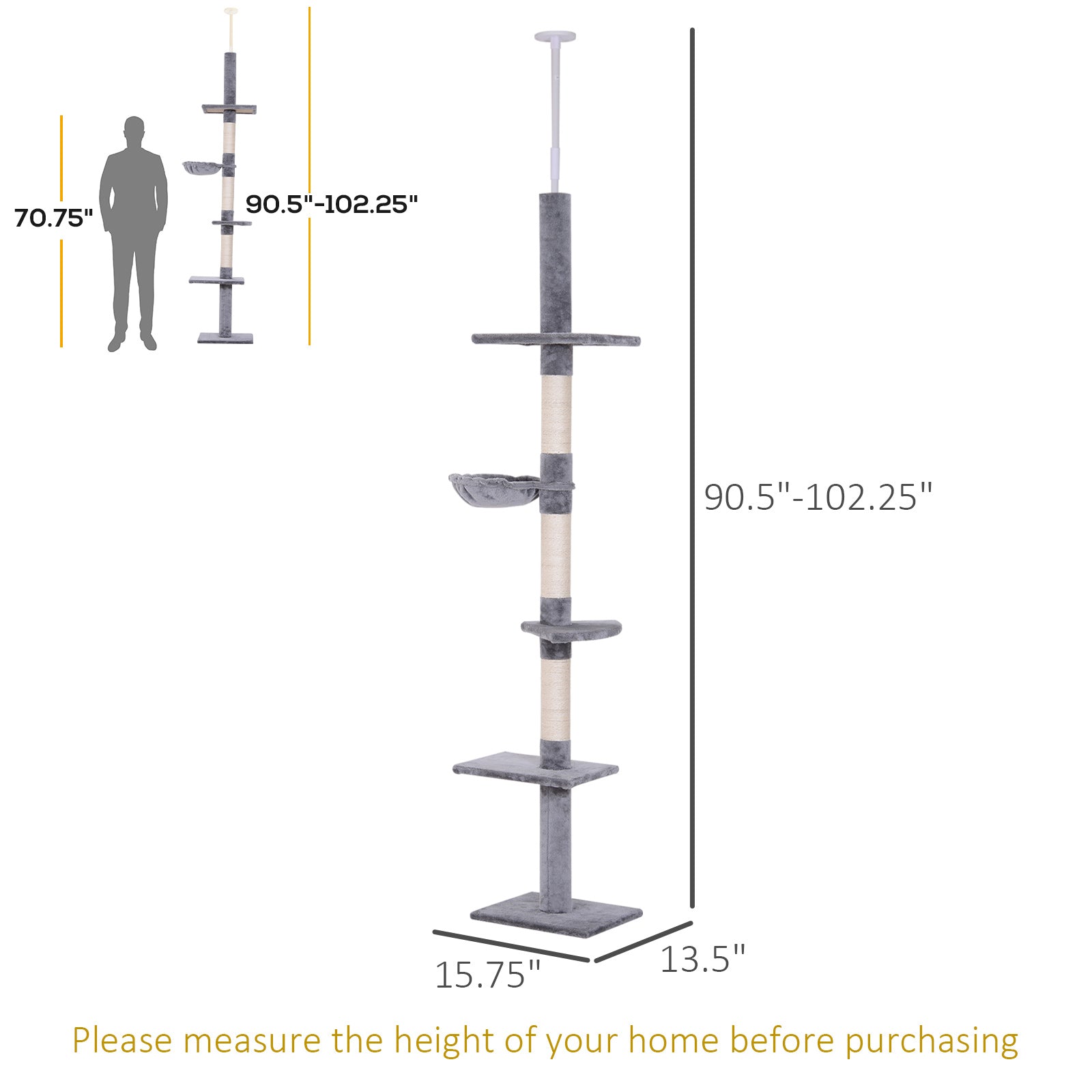 8.5ft Cat Climbing Tree 5-Tier Kitty Activity Center Floor-to-Ceiling Cat Climber Toy with Scratching Post Play Rest Post Pet Furniture Grey