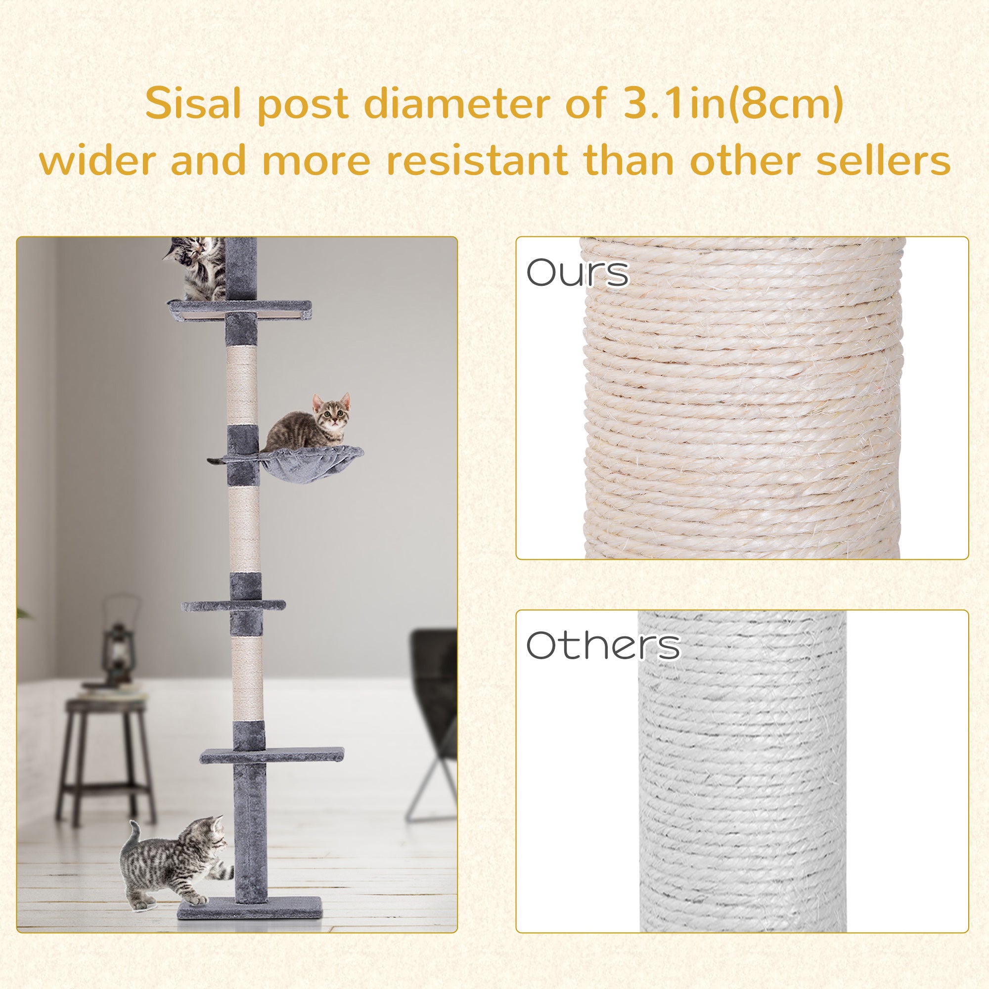 8.5ft Cat Climbing Tree 5-Tier Kitty Activity Center Floor-to-Ceiling Cat Climber Toy with Scratching Post Play Rest Post Pet Furniture Grey