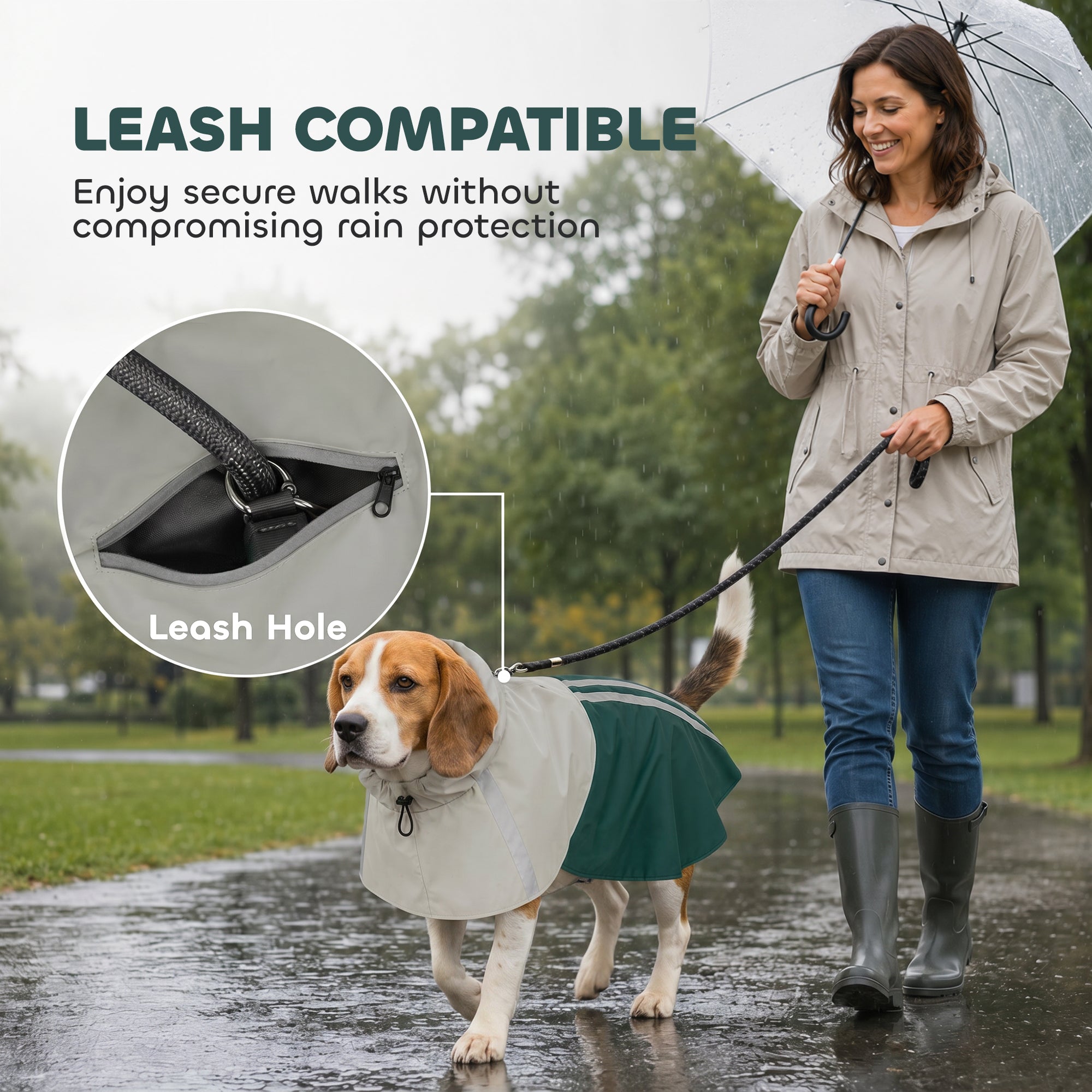 Dog Raincoat with Hood, Waterproof & Breathable Rain Jacket with Reflective Strips and Leash Hole, Adjustable Poncho for Medium Dogs, 15-20 KG Available, Green, M