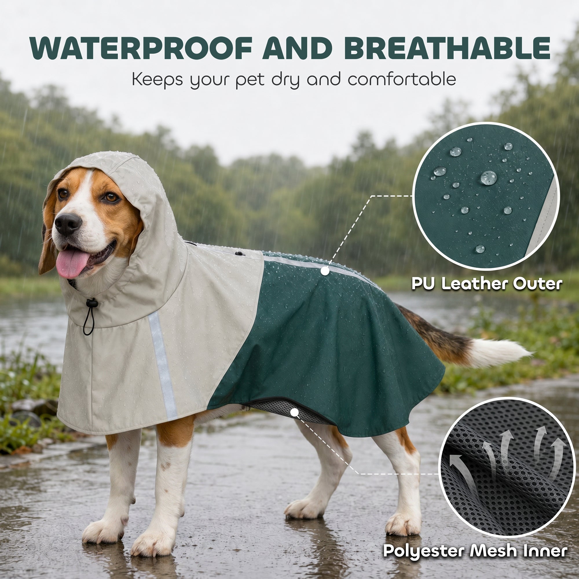 Dog Raincoat with Hood, Waterproof & Breathable Rain Jacket with Reflective Strips and Leash Hole, Adjustable Poncho for Medium Dogs, 15-20 KG Available, Green, M