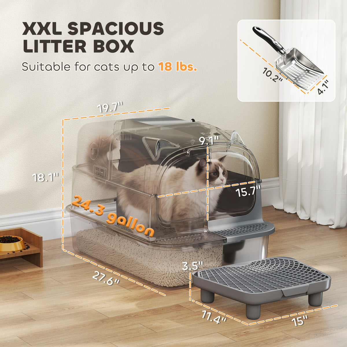 Stainless Steel Cat Litter Box with Flip Lid, XXL Enclosed Litter Box, High Sided, Step, Metal Scoop, 2 Deodorizing Bags, Easy Clean, Anti-Leak, Odor Control, for Multi & Big Cats, 28"x20"x18"