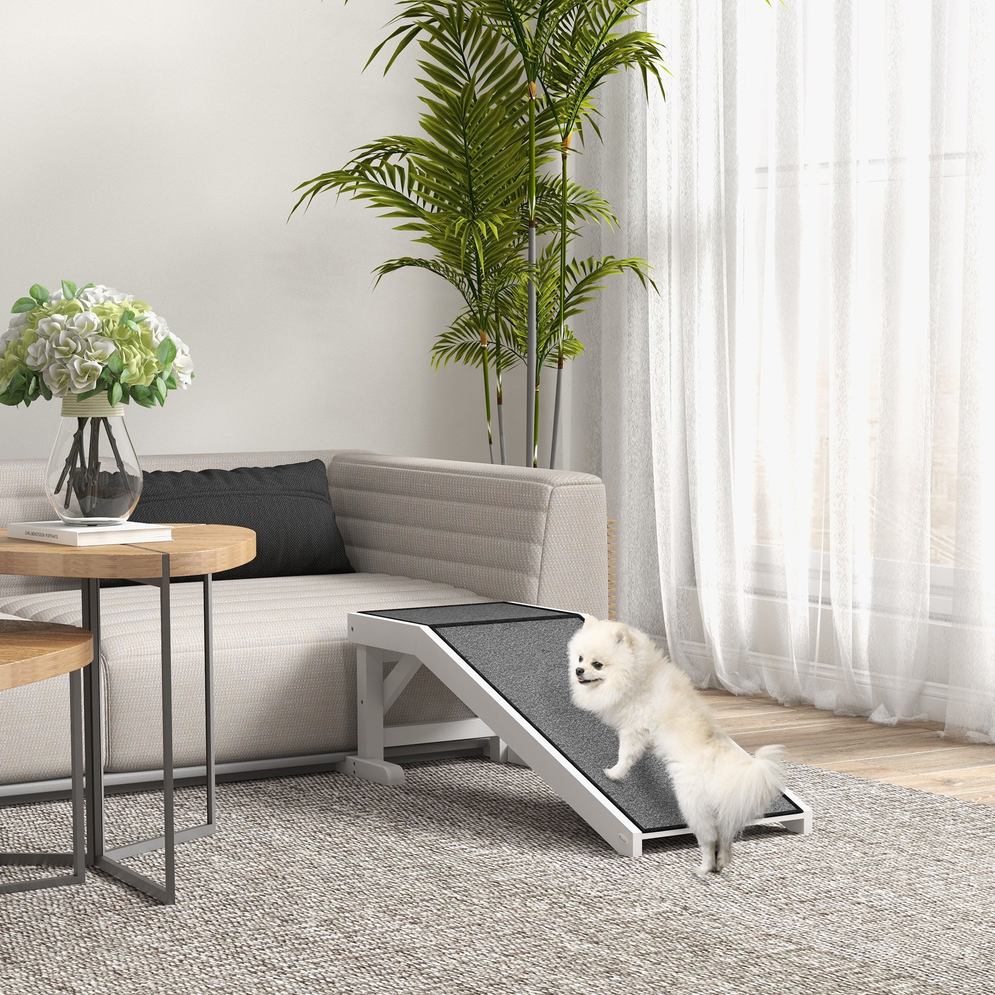 Pet Ramp Bed Steps for Dogs Cats Non-slip Carpet Top Platform Pine Wood 49"L x 16"W x 14"H White