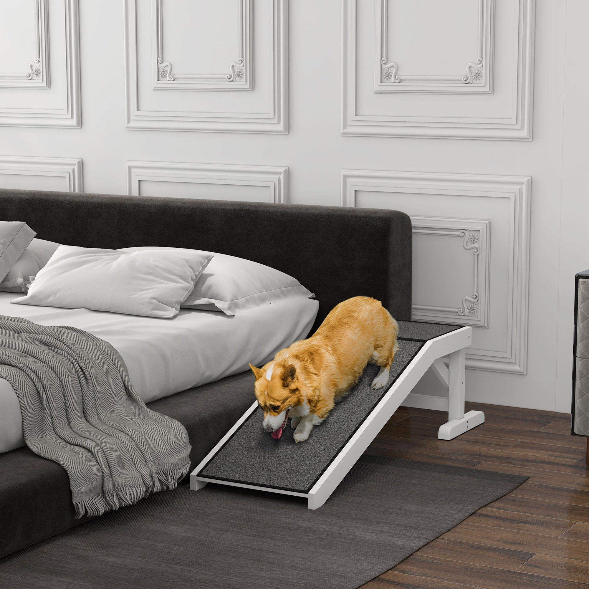 Pet Ramp Bed Steps for Dogs Cats Non-slip Carpet Top Platform Pine Wood 49"L x 16"W x 14"H White