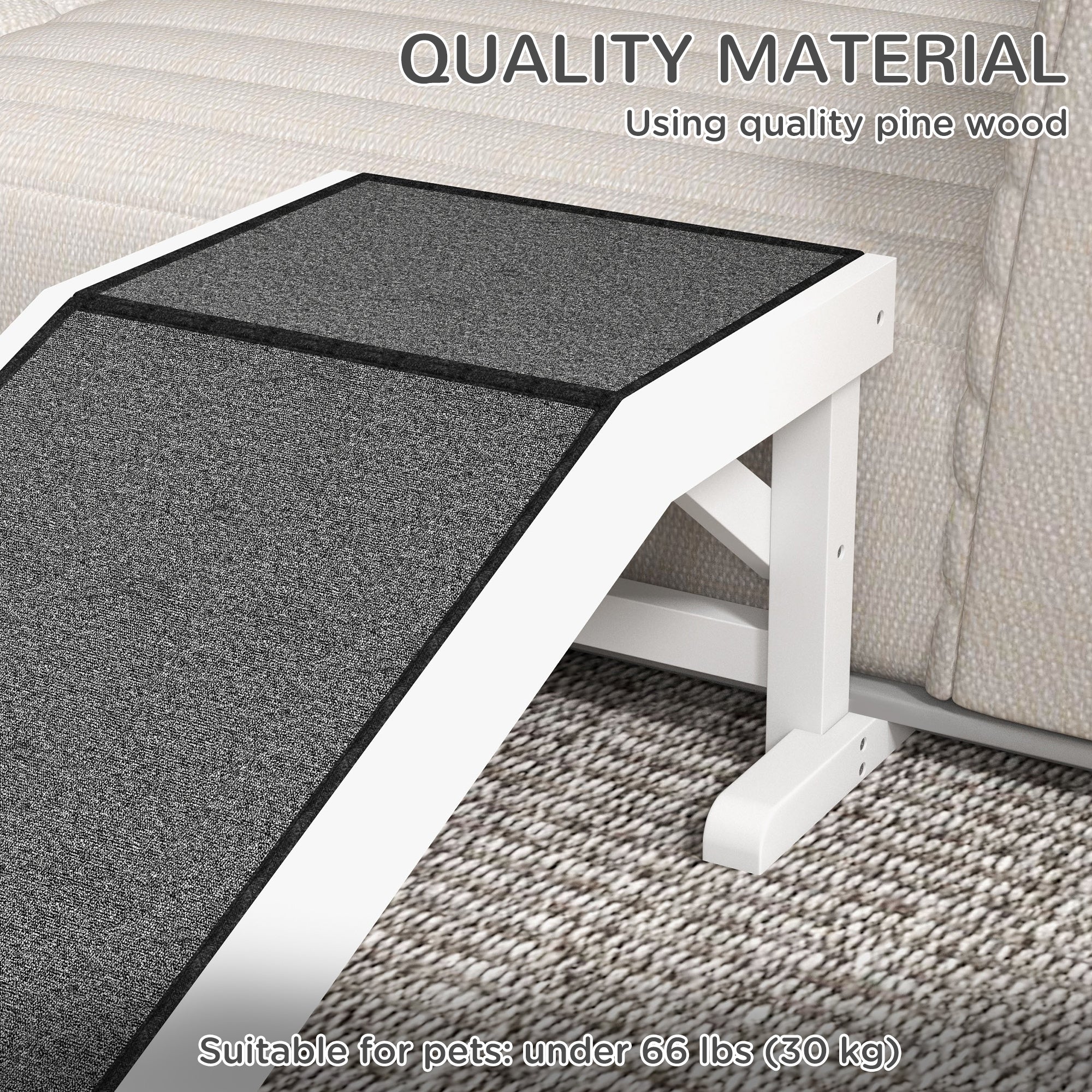 Pet Ramp Bed Steps for Dogs Cats Non-slip Carpet Top Platform Pine Wood 49"L x 16"W x 14"H White