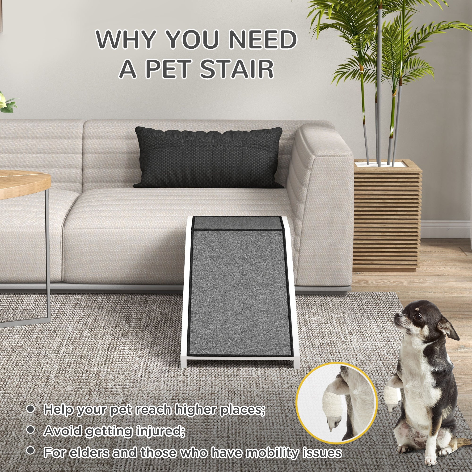 Pet Ramp Bed Steps for Dogs Cats Non-slip Carpet Top Platform Pine Wood 49"L x 16"W x 14"H White
