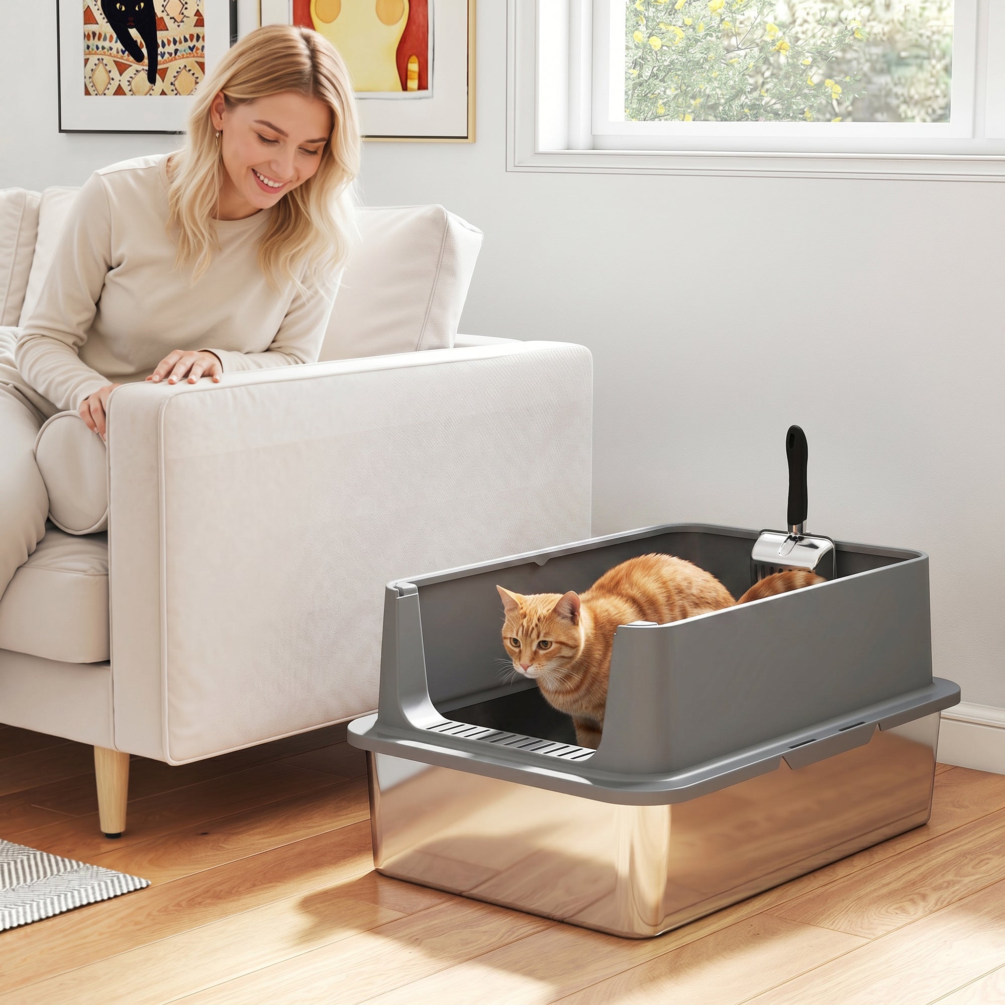 Stainless Steel Cat Litter Box, XL Extra Large Metal Litter Box Pan Tray for Big Cats, High Sided, Anti-Urine Leakage, Easy Cleaning, Non-Sticky, Absorbs Odors, Include Scoop & Pad, Dark Gray