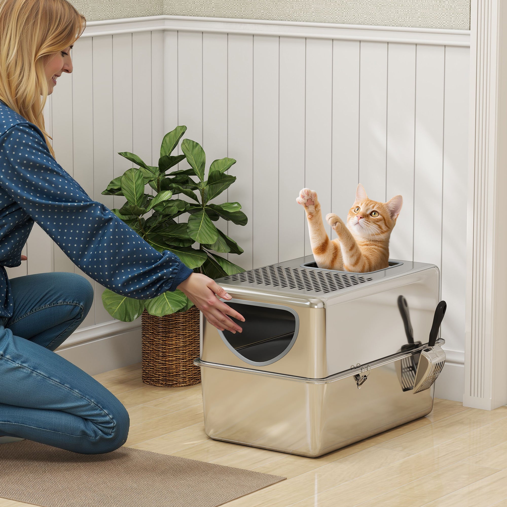 Stainless Steel Cat Litter Box with Lid, Extra Large Enclosed Litter Box with Top Litter-Catching Holes, Scoop, Dual Entry, Easy Clean, Silver